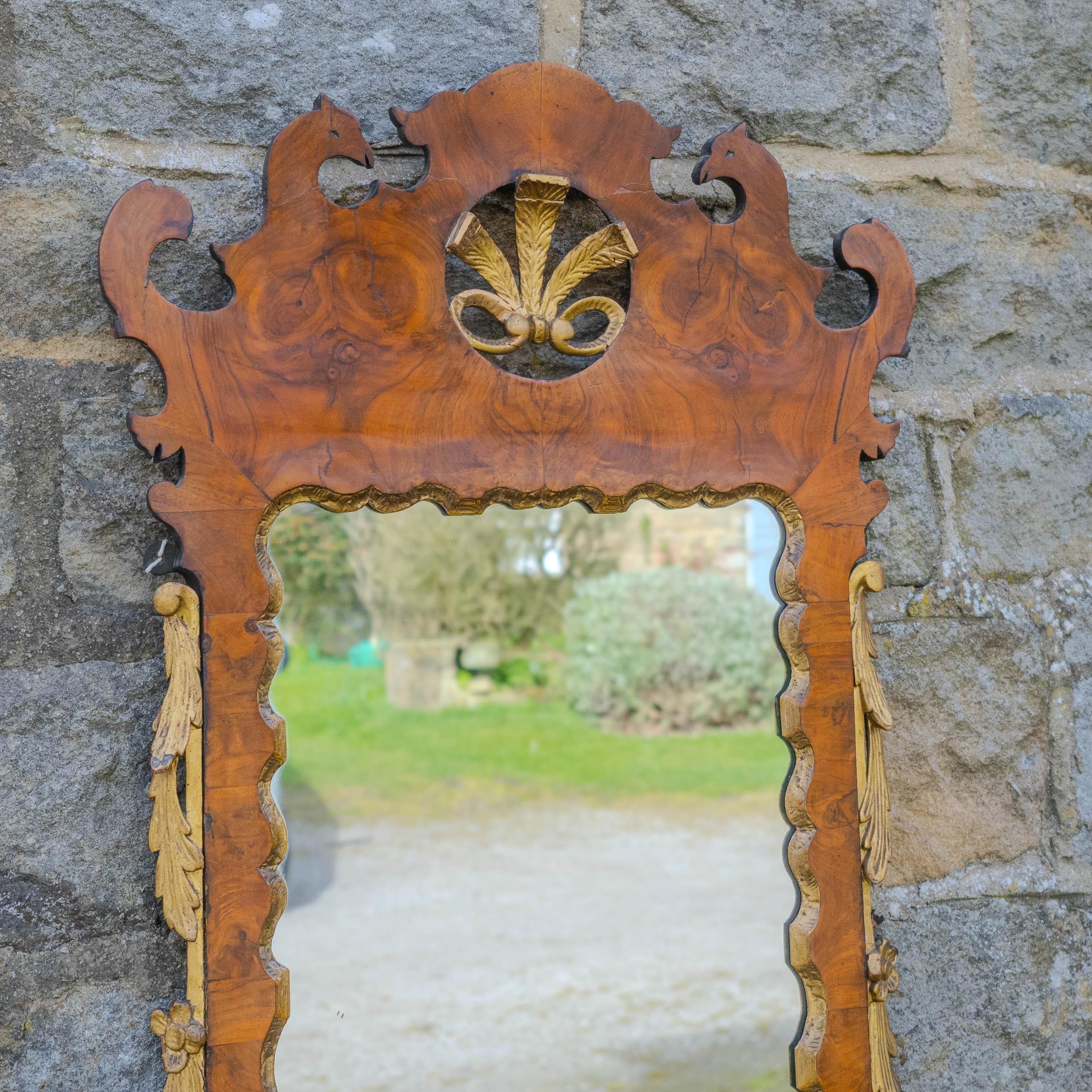 C18th Burr Walnut Parcel-Gilt Fretwork Pier-Glass Georgian Large Wall Mirror In Good Condition In Leeds, GB