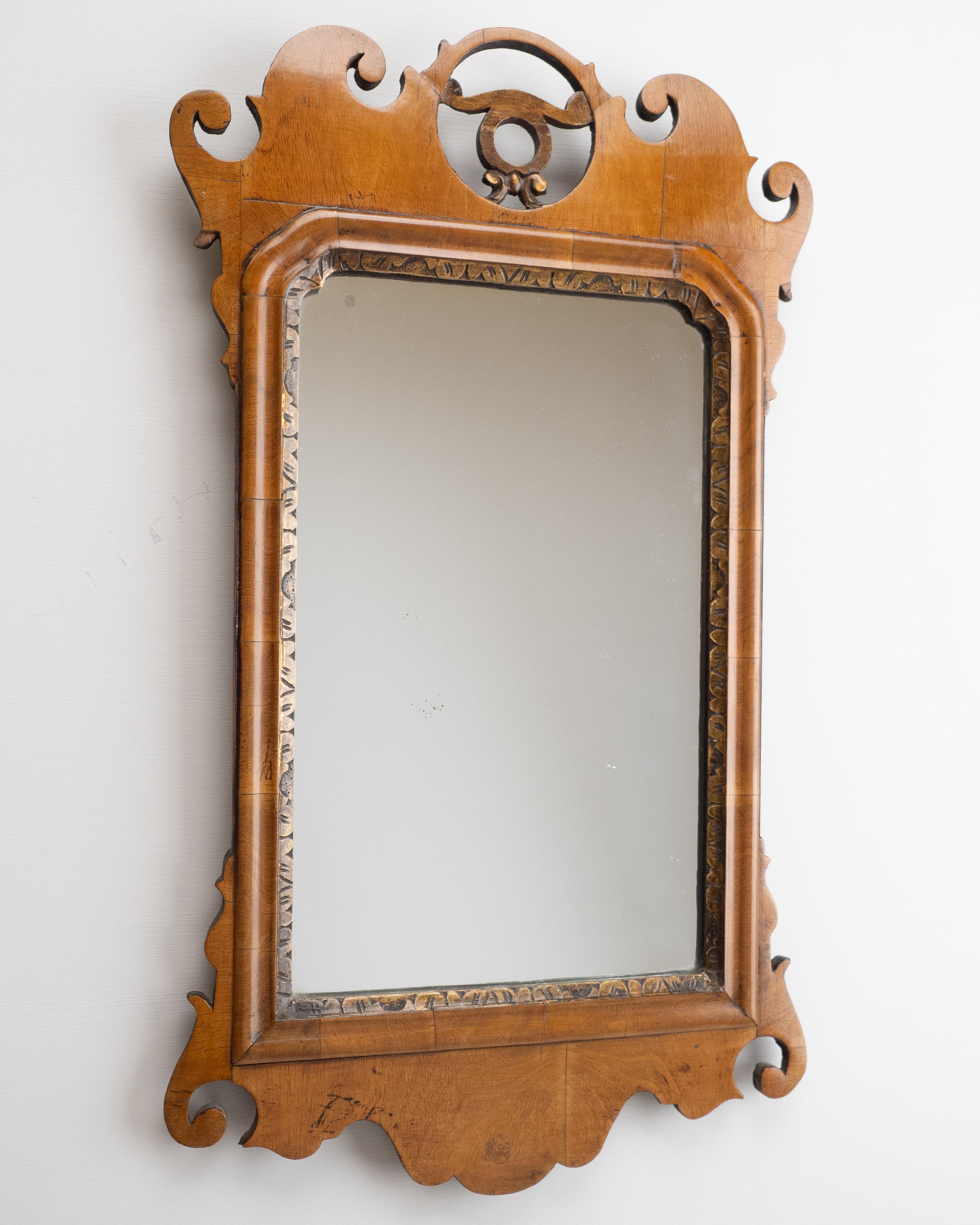 English C18th Chippendale Sycamore Rococo Fretwork & Gilt Small Mirror C1770 (Georgian) For Sale