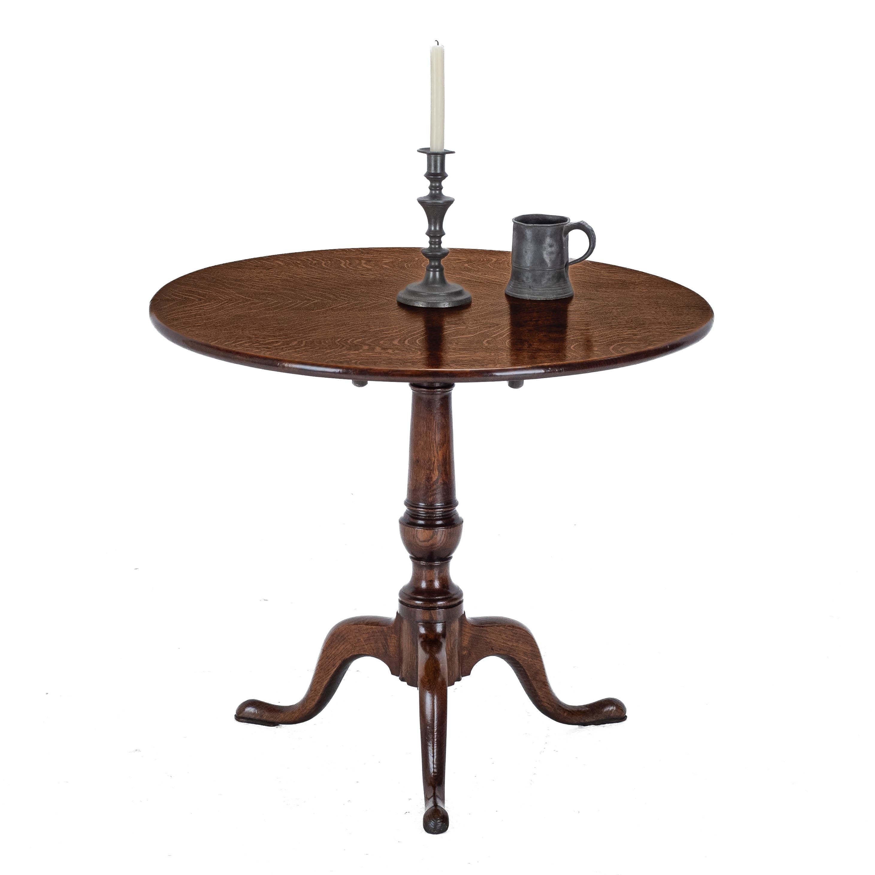 English C.18th Georgian Well Figured Oak Tripod Supper Table (Quarter Sawn Book Matched)