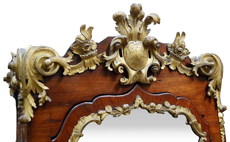 Hand-Carved 18th Century Scandanvian Rococo Giltwood and Walnut Bureau Bookcase For Sale