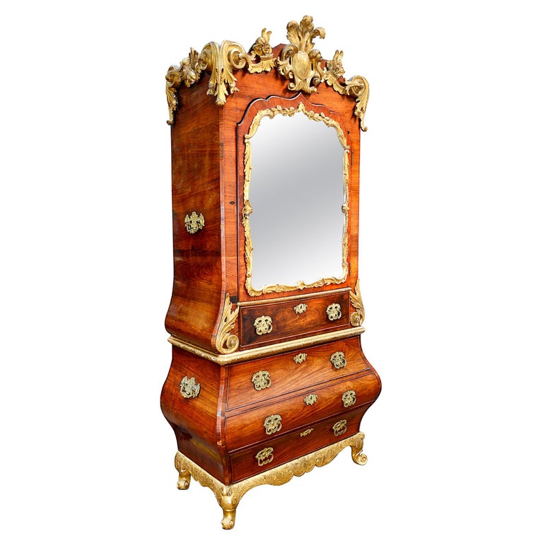 18th Century Scandanvian Rococo Giltwood and Walnut Bureau Bookcase For Sale