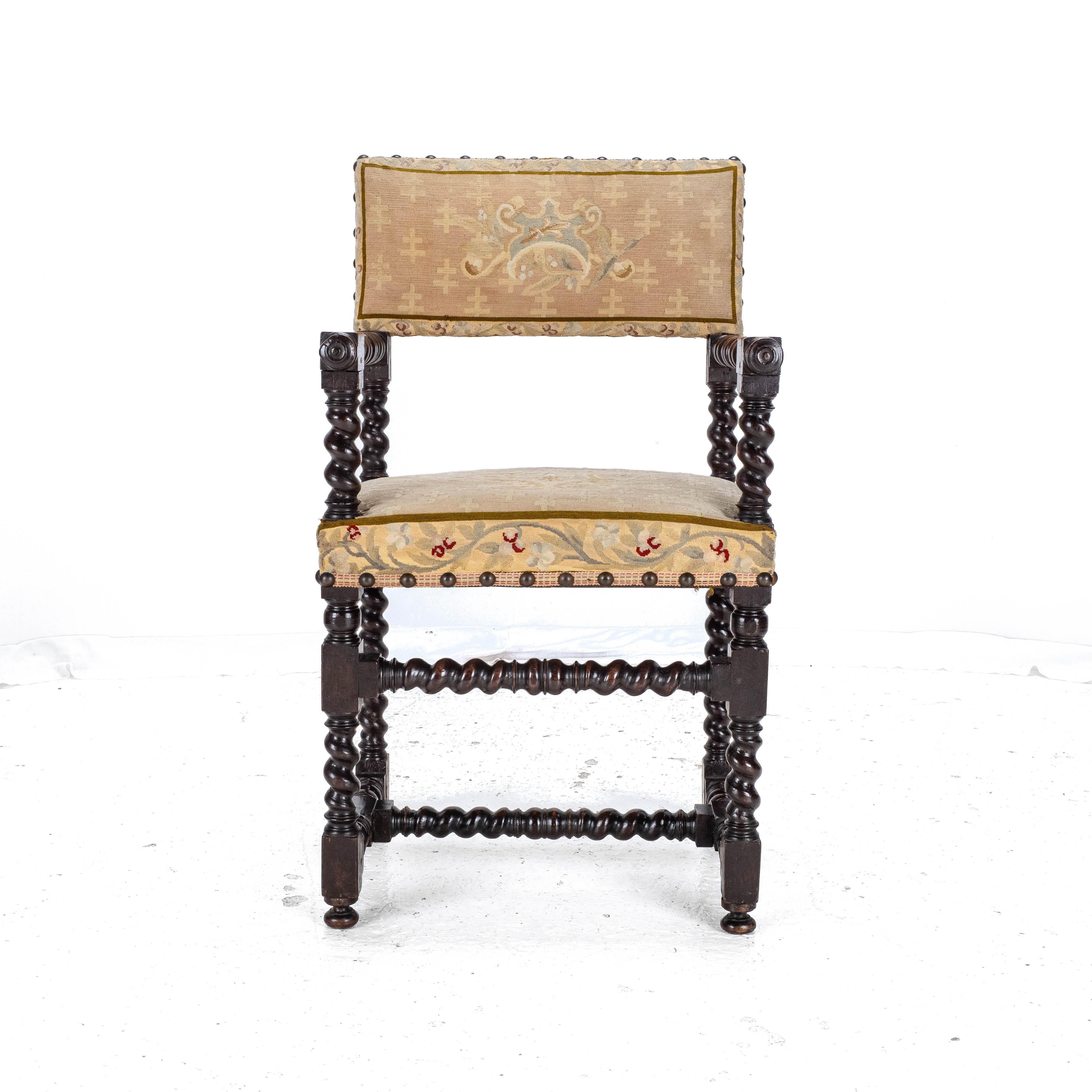 18th Century Set of 4 Cromwellian Walnut Barley Twist Elbow Armchairs Carvers 6