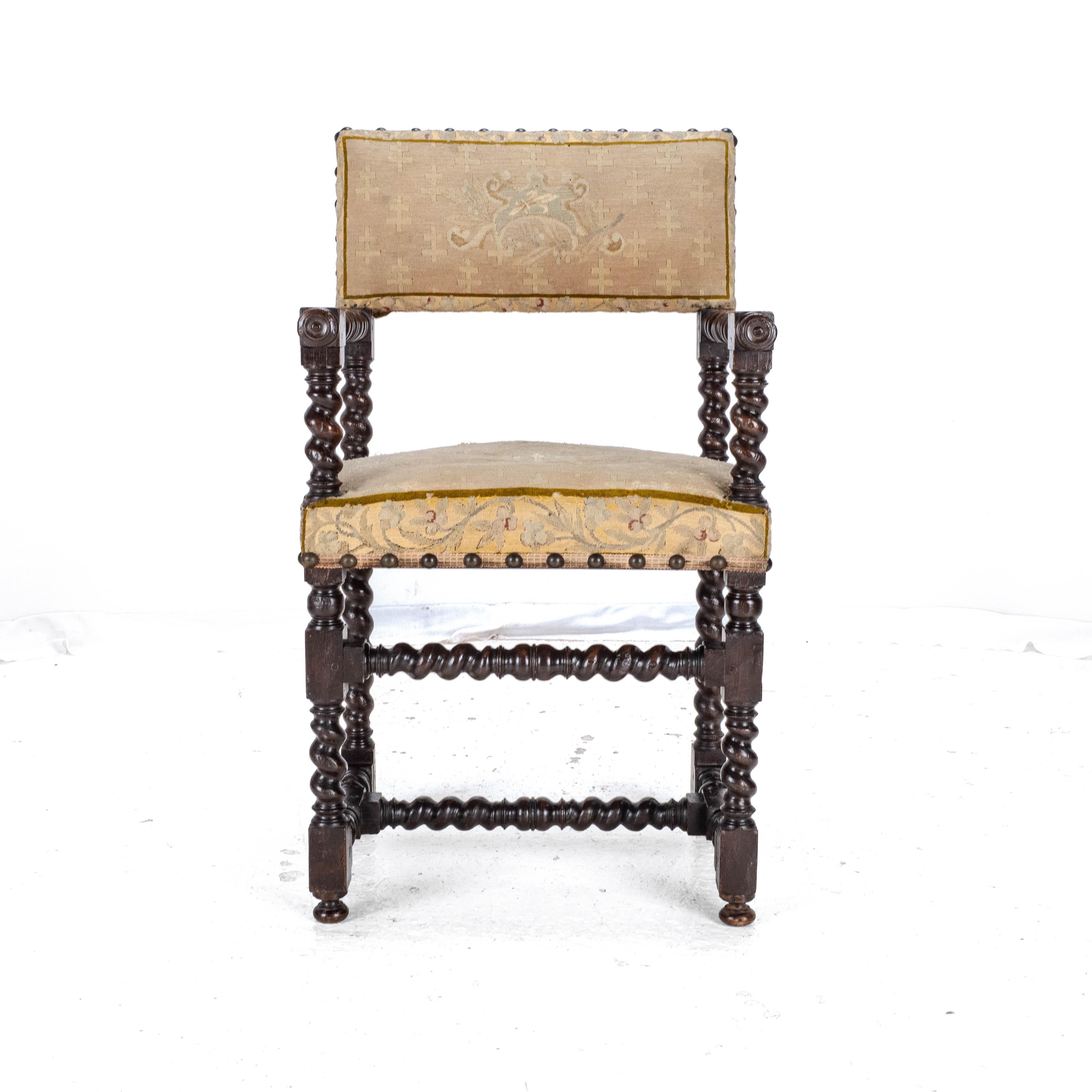 18th Century Set of 4 Cromwellian Walnut Barley Twist Elbow Armchairs Carvers 10