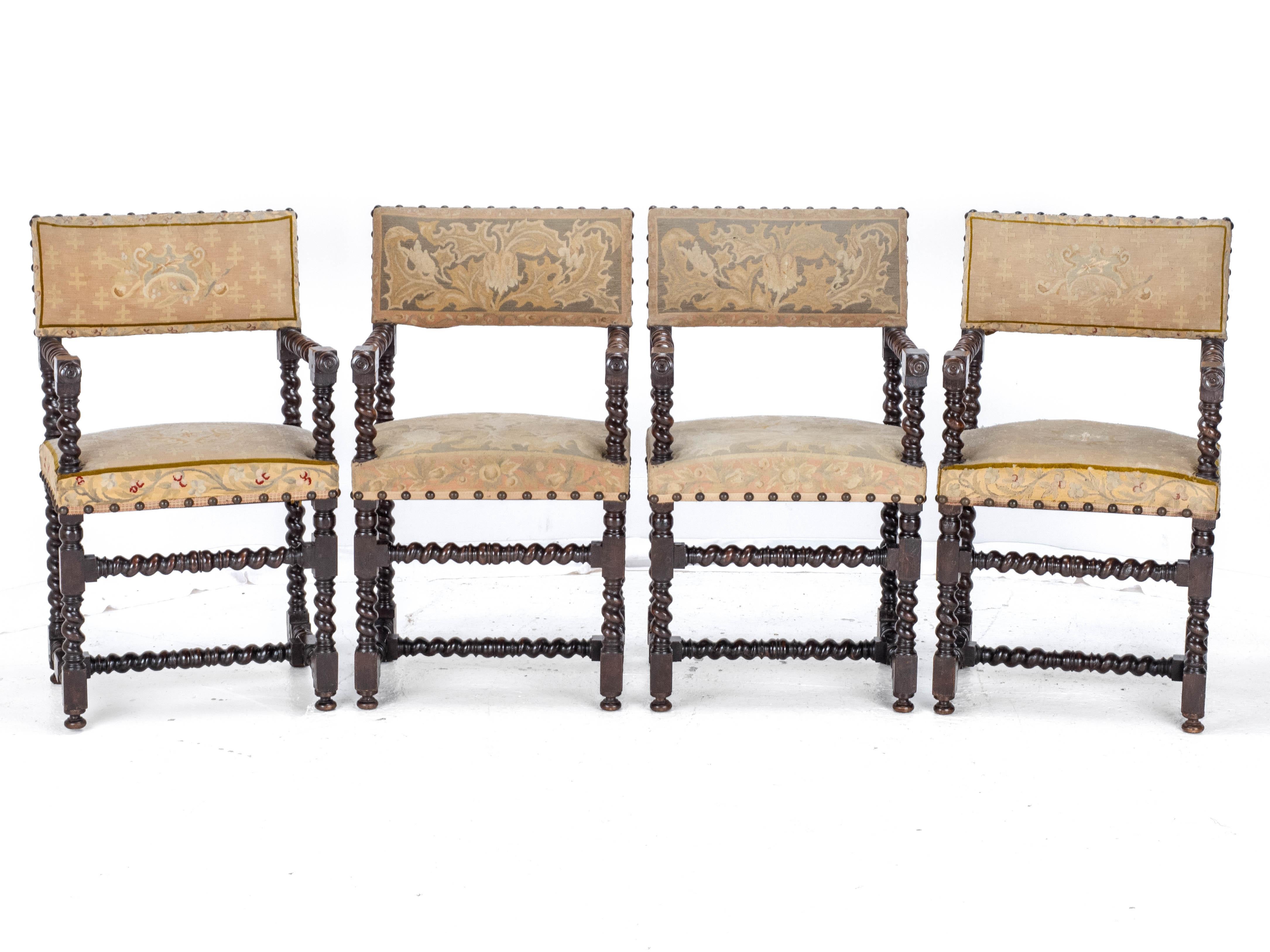 English 18th Century Set of 4 Cromwellian Walnut Barley Twist Elbow Armchairs Carvers