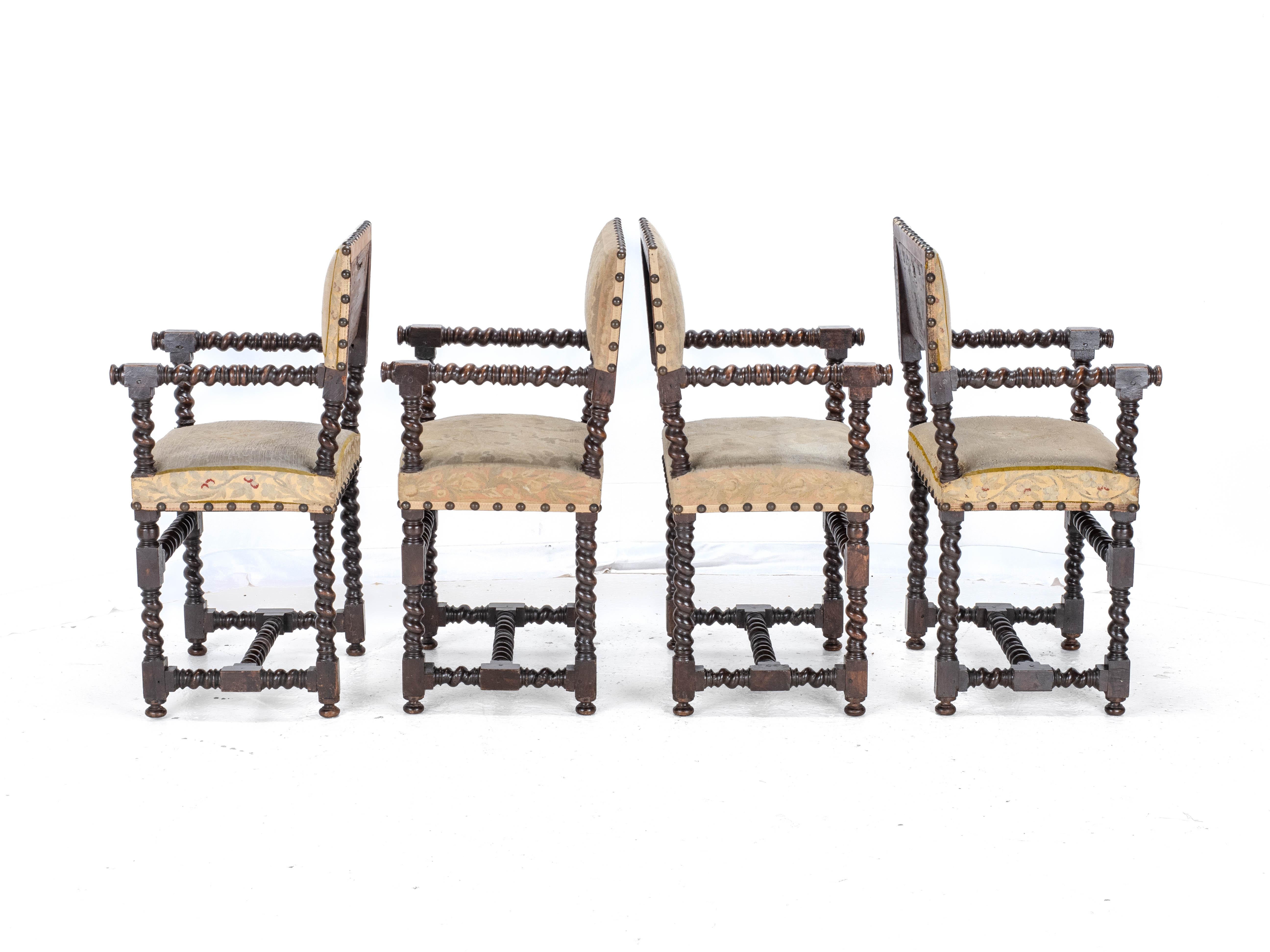 Needlepoint 18th Century Set of 4 Cromwellian Walnut Barley Twist Elbow Armchairs Carvers