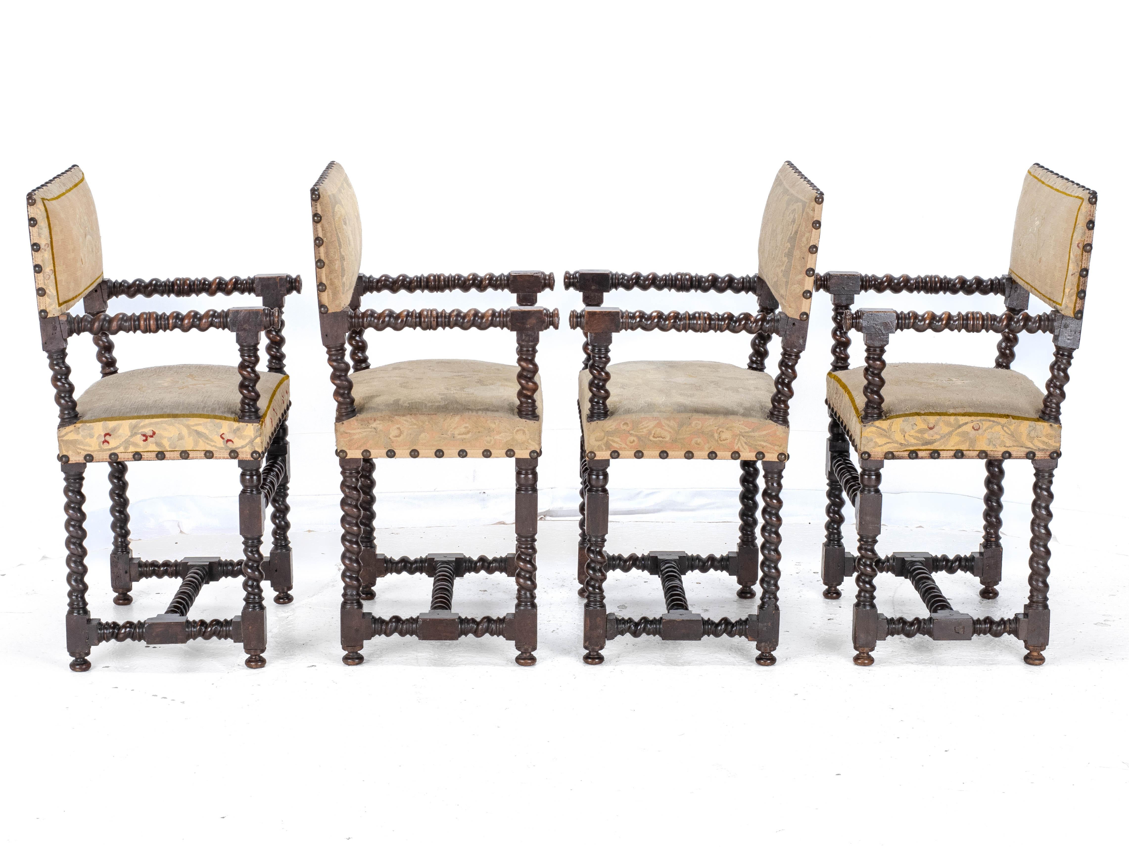 18th Century Set of 4 Cromwellian Walnut Barley Twist Elbow Armchairs Carvers In Good Condition In Leeds, GB