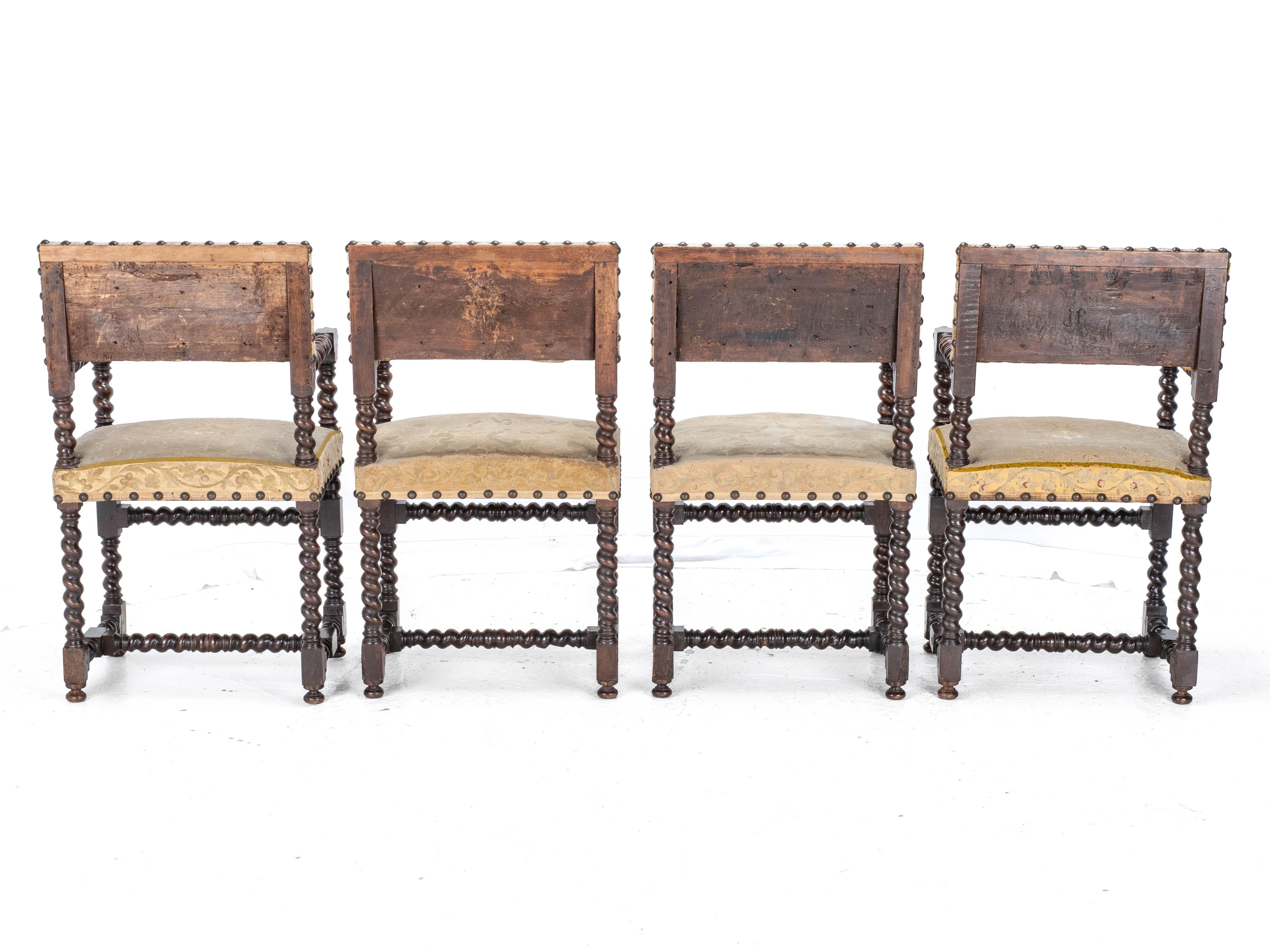 18th Century and Earlier 18th Century Set of 4 Cromwellian Walnut Barley Twist Elbow Armchairs Carvers