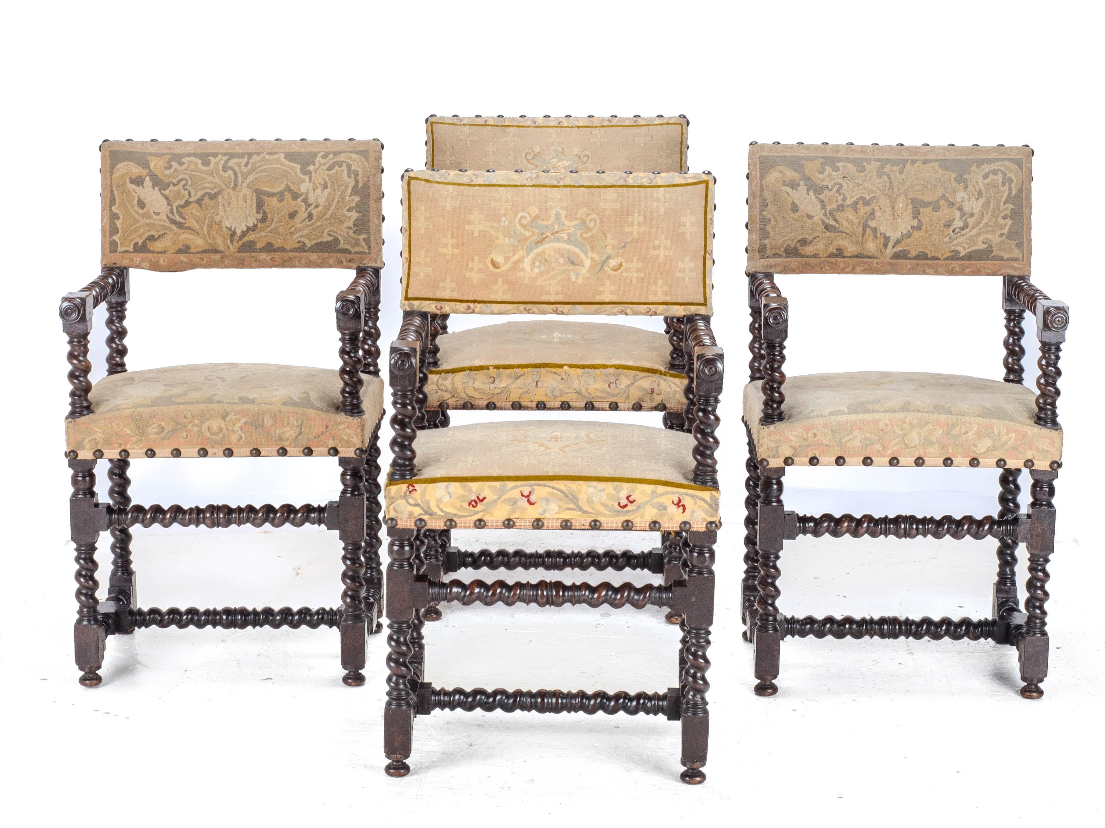 Tapestry 18th Century Set of 4 Cromwellian Walnut Barley Twist Elbow Armchairs Carvers