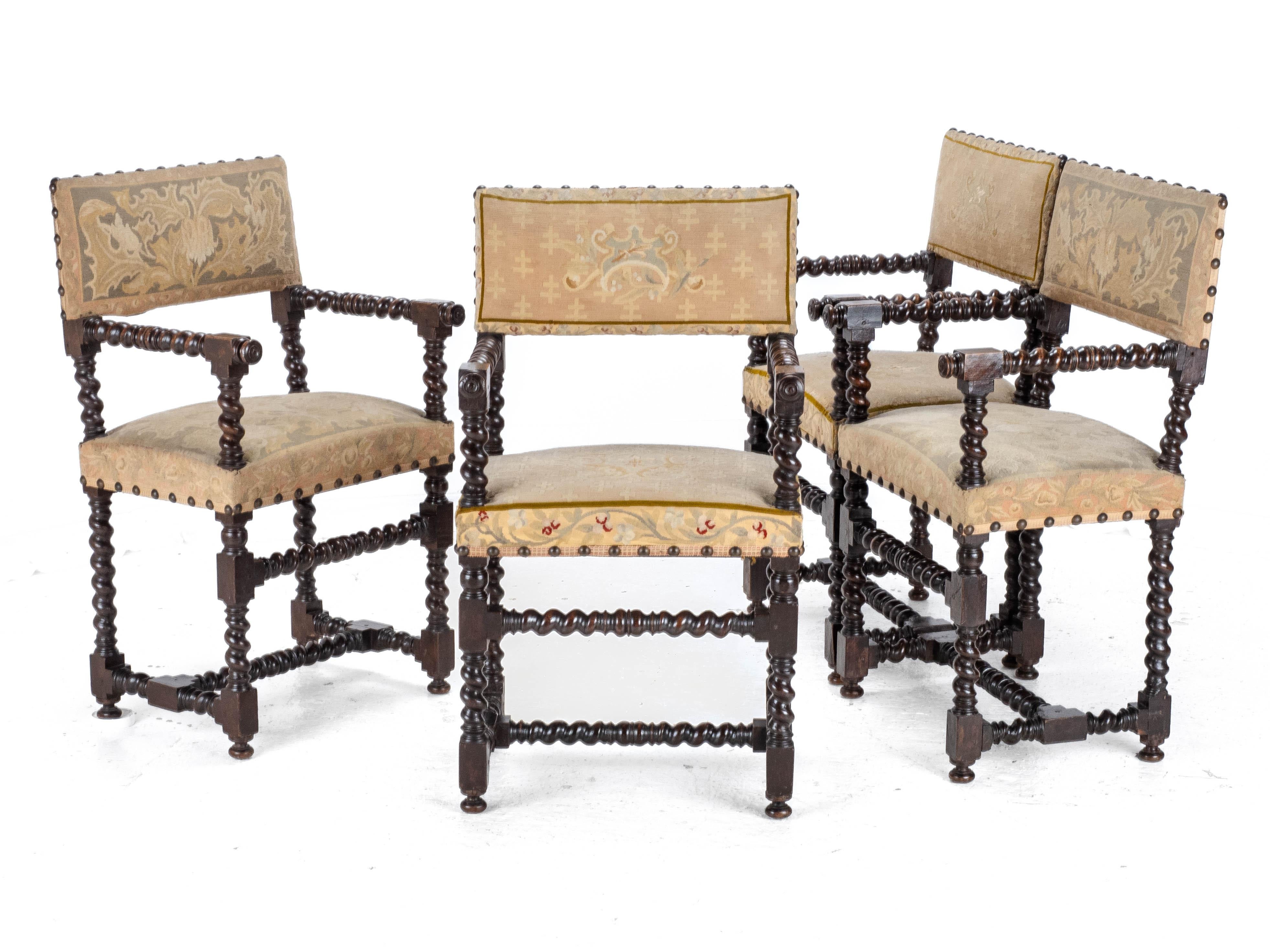 18th Century Set of 4 Cromwellian Walnut Barley Twist Elbow Armchairs Carvers 1