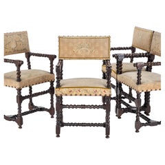 18th Century Set of 4 Cromwellian Walnut Barley Twist Elbow Armchairs Carvers