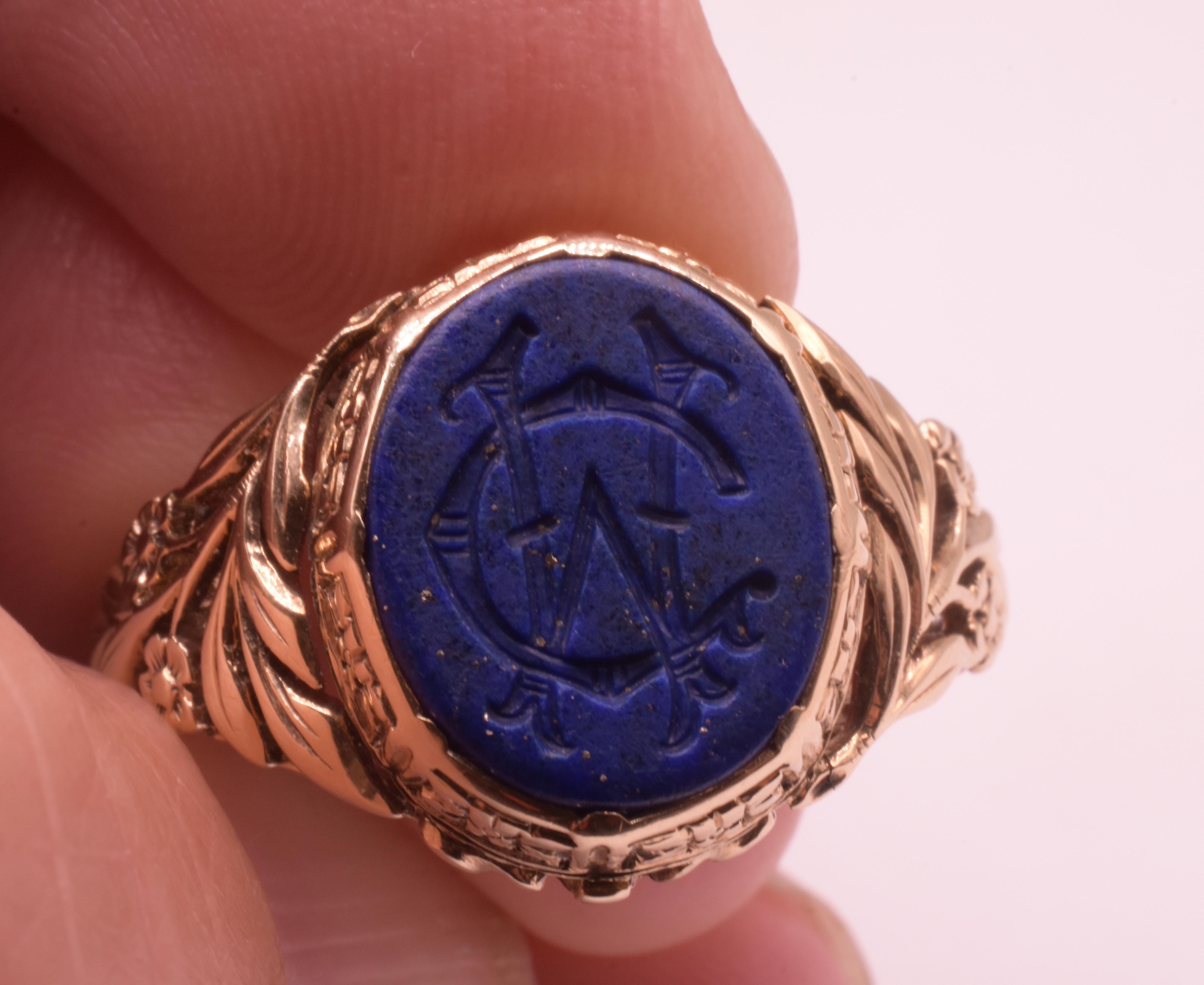 C1900 14K Lapis Lazuli Monogrammed Signet Ring 