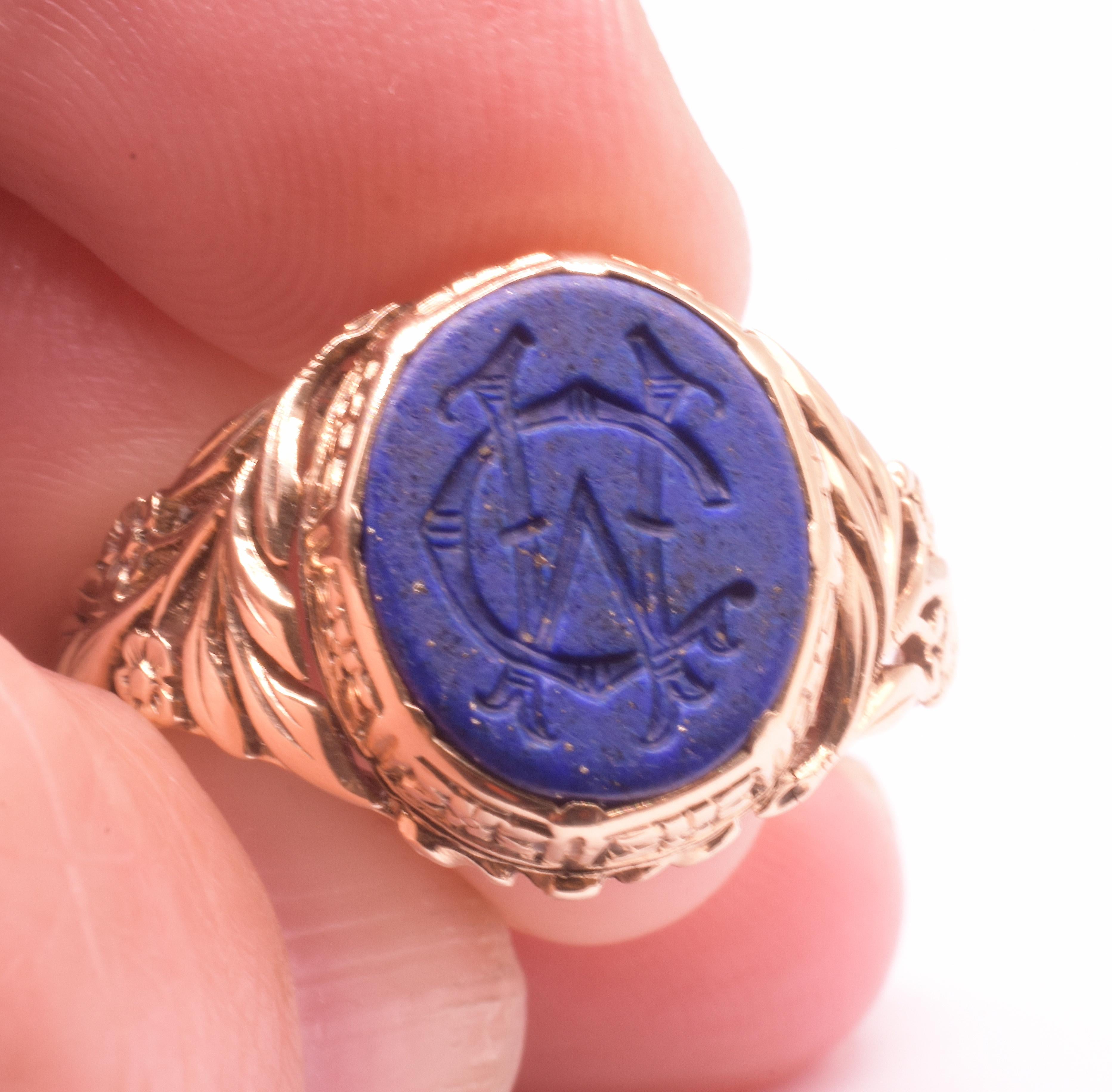 C1900 14K Lapis Lazuli Monogrammed Signet Ring 