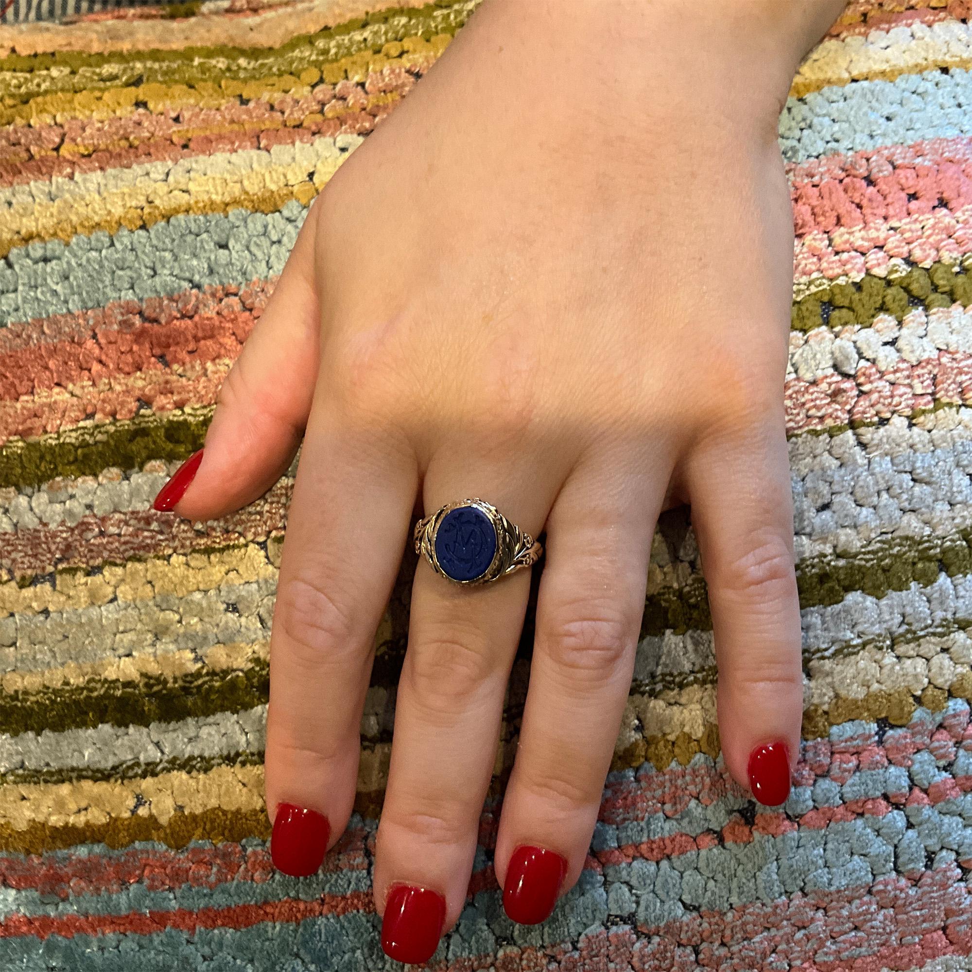 C1900 14K Lapis Lazuli Monogrammed Signet Ring 