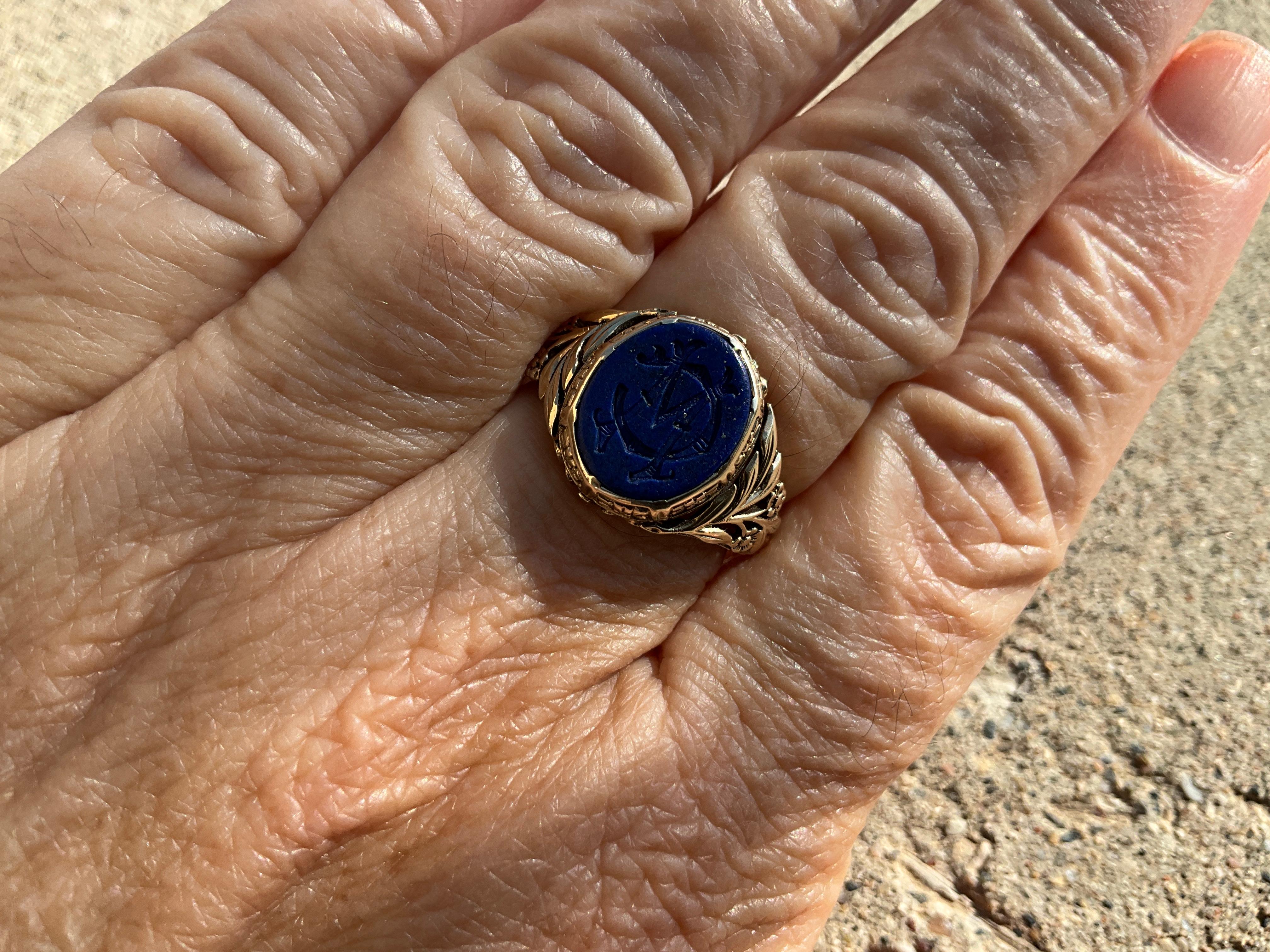 C1900 14K Lapis Lazuli Monogrammed Signet Ring 