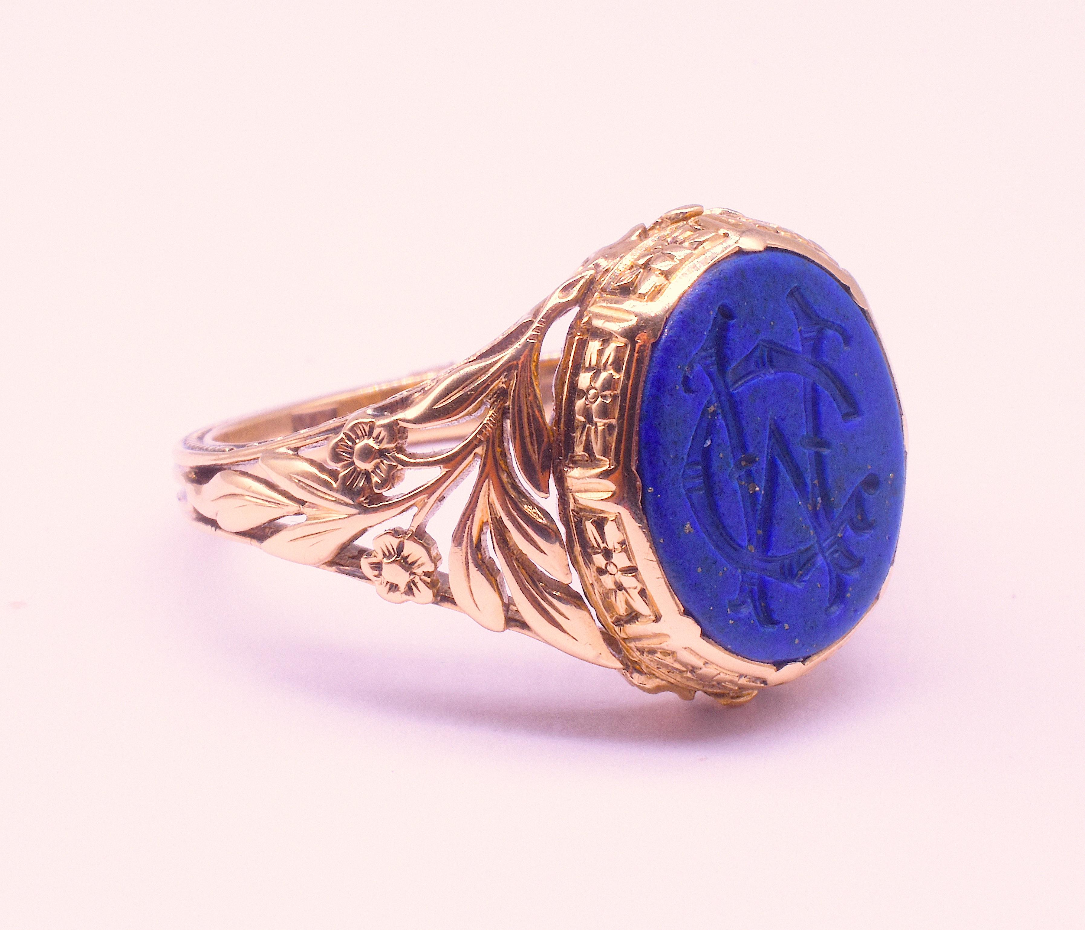 High Victorian C1900 14K Lapis Lazuli Monogrammed Signet Ring 
