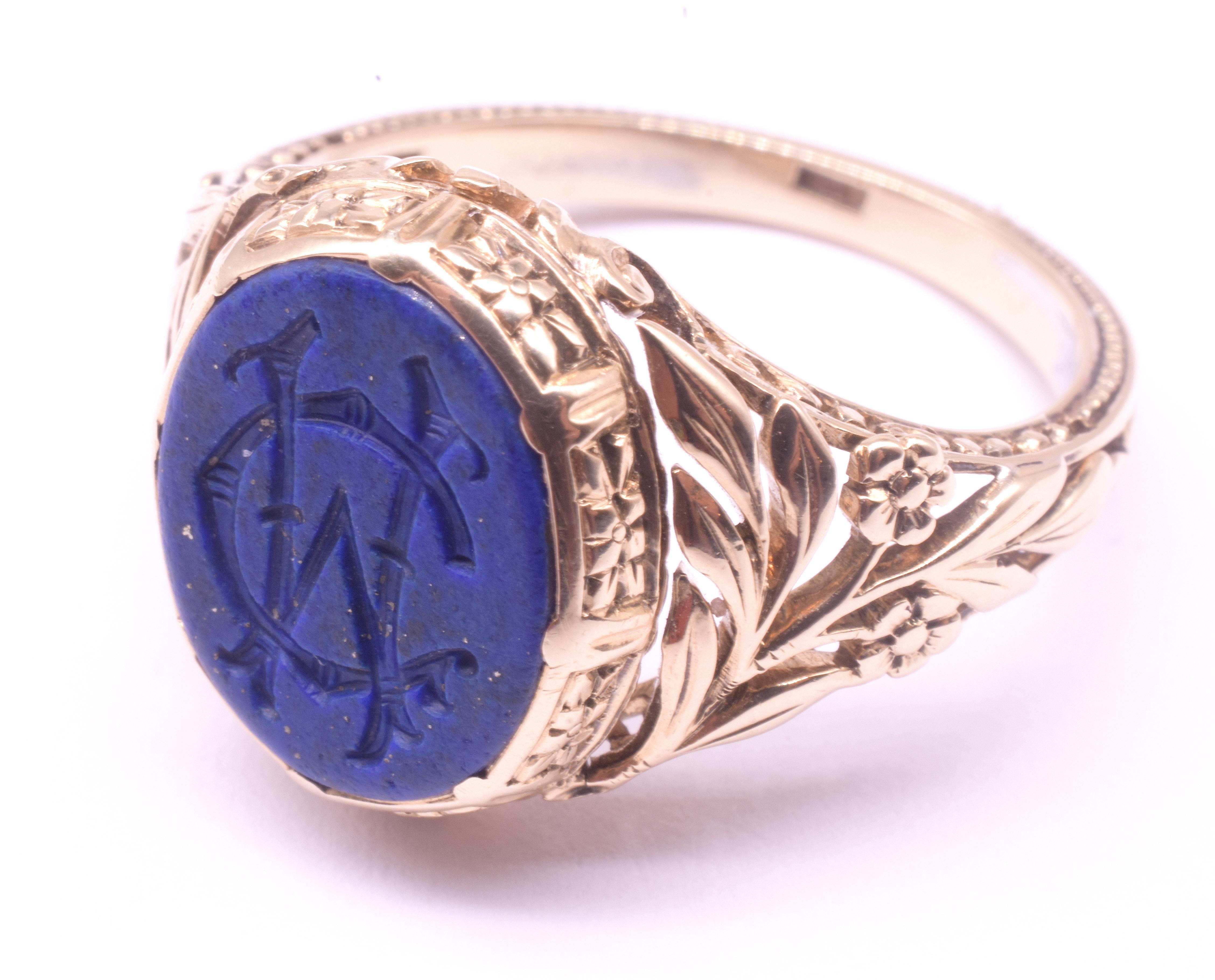 C1900 14K Lapis Lazuli Monogrammed Signet Ring 