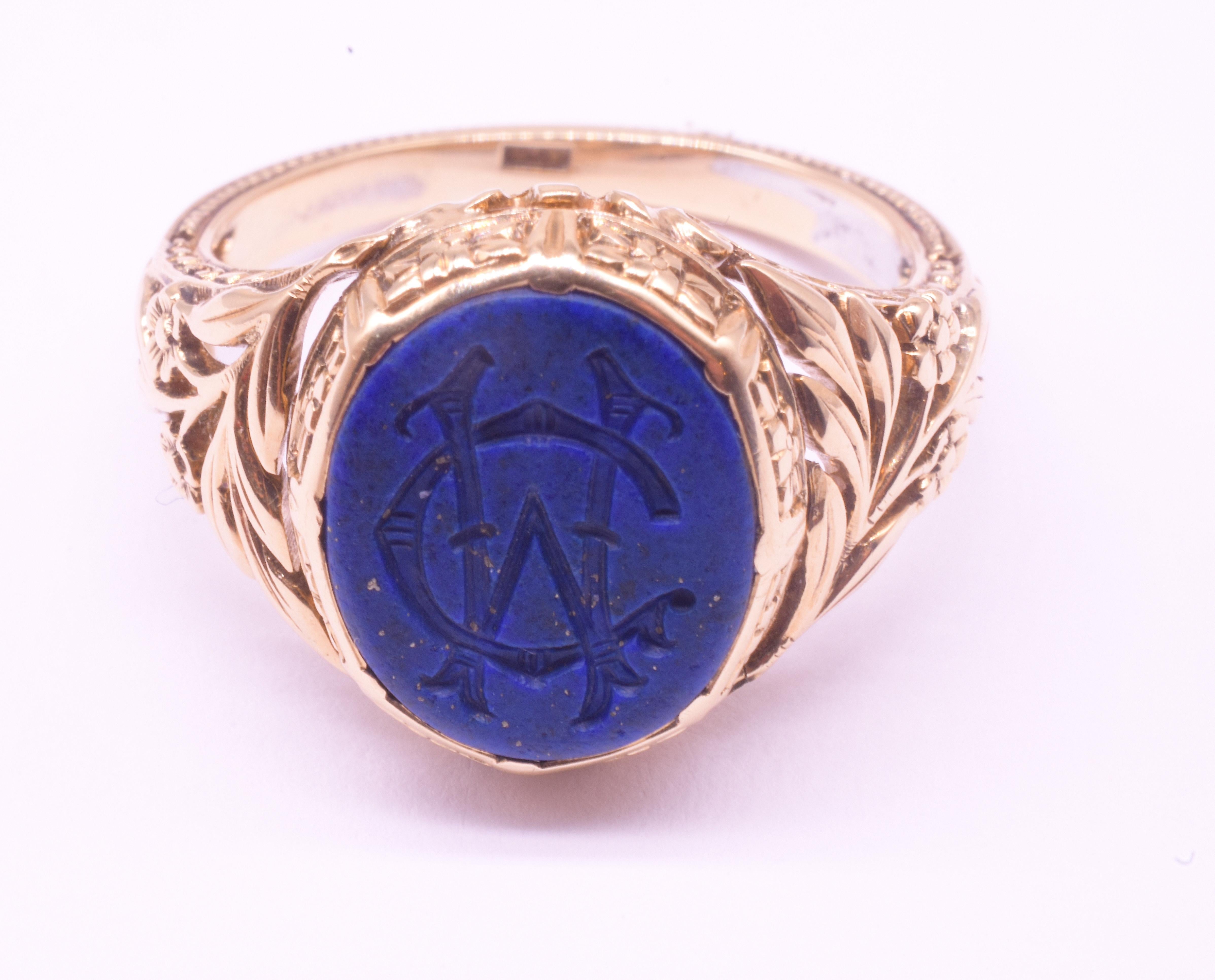 Women's or Men's C1900 14K Lapis Lazuli Monogrammed Signet Ring 