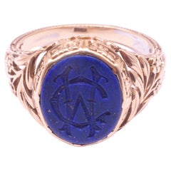 C1900 14K Lapis Lazuli Monogrammed Signet Ring "CW" with Carved Shoulders