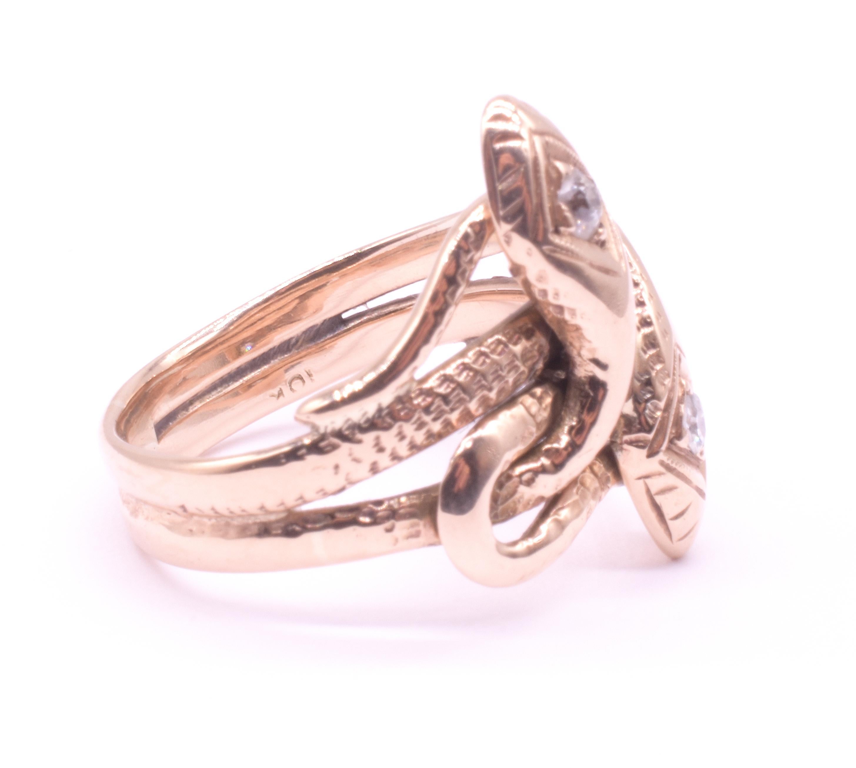 Victorian C1900 15K Intertwined Double Headed Snake Ring with Diamonds
