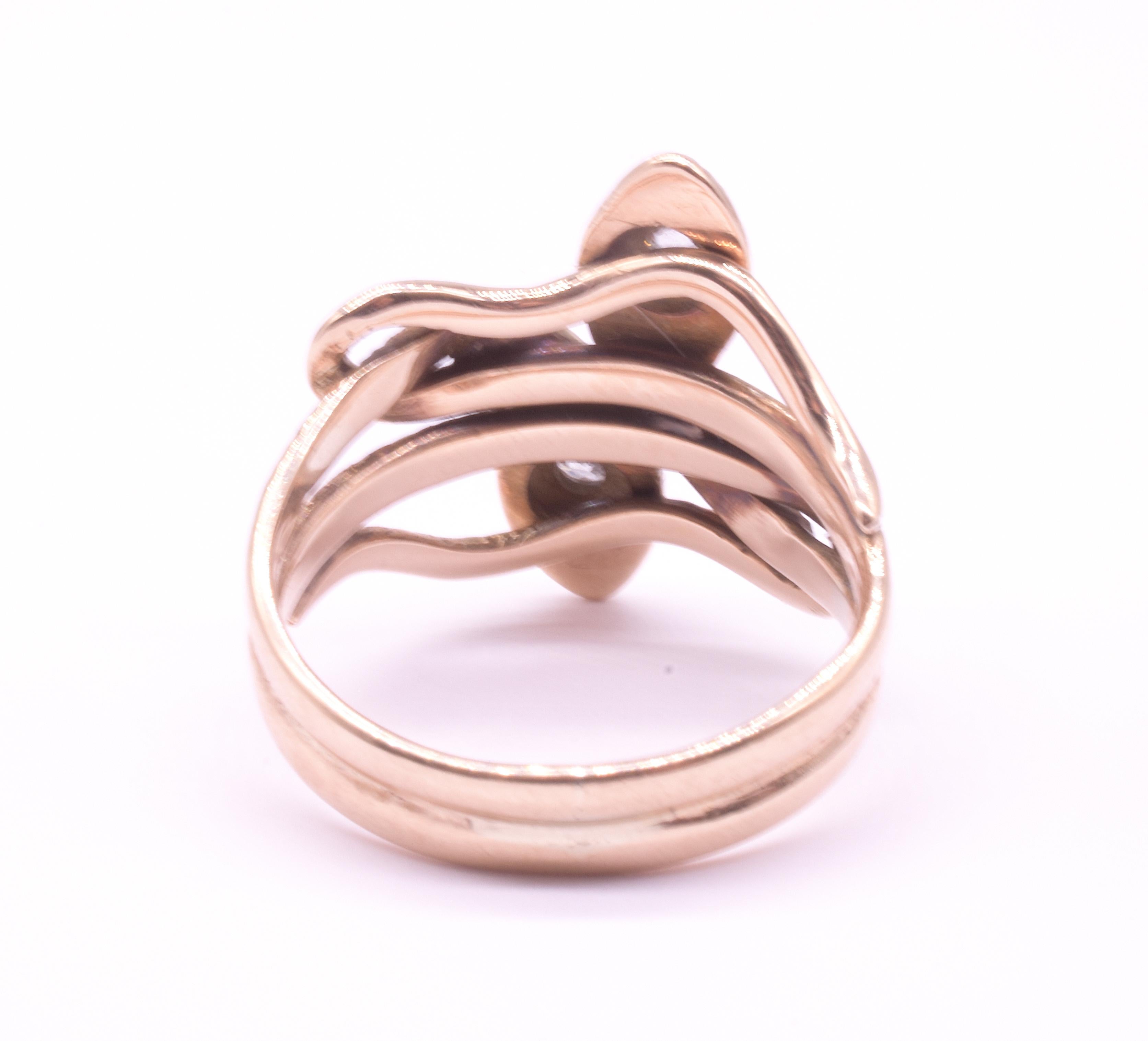 Old Mine Cut C1900 15K Intertwined Double Headed Snake Ring with Diamonds