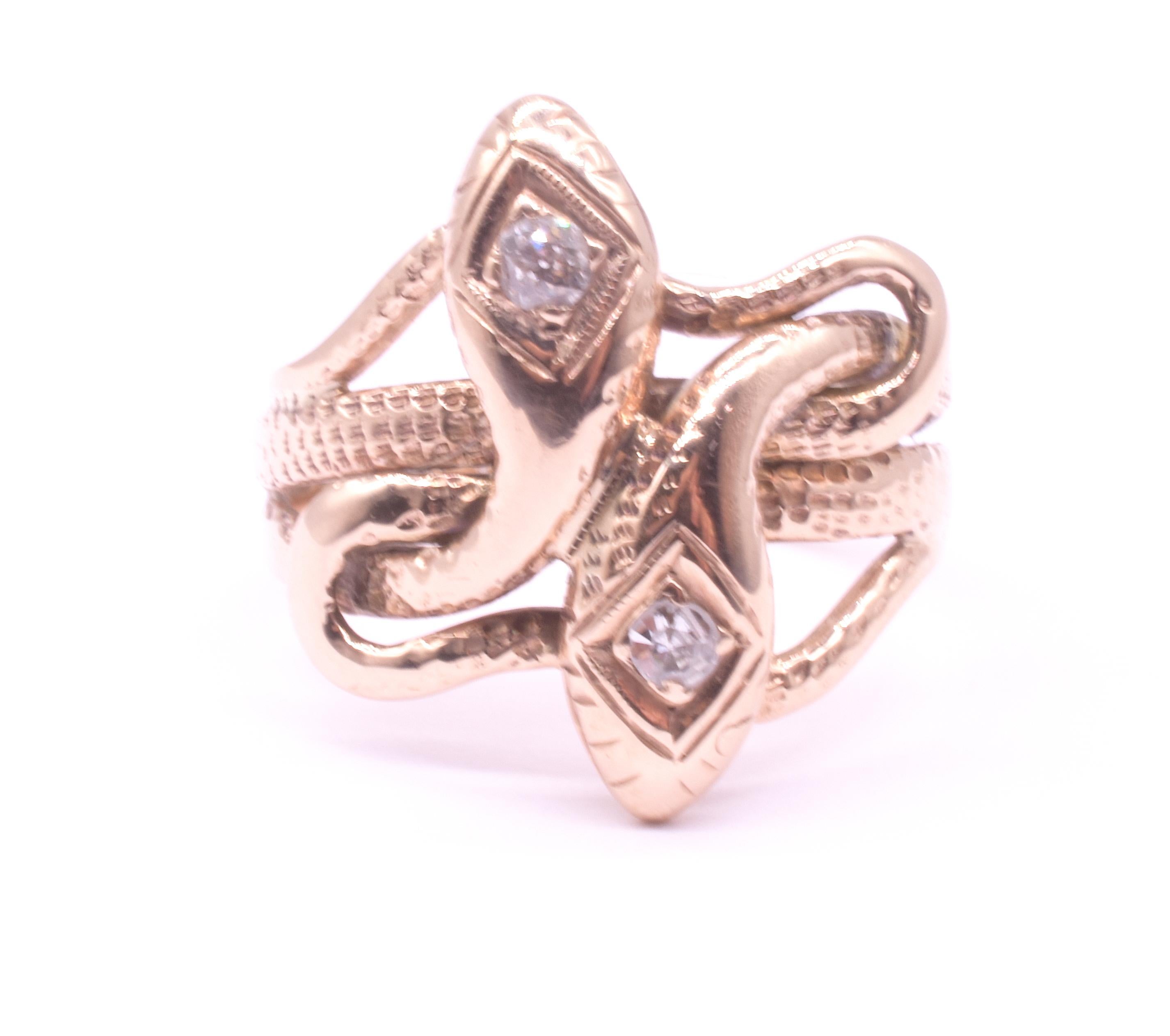 C1900 15K Intertwined Double Headed Snake Ring with Diamonds In Excellent Condition In Baltimore, MD