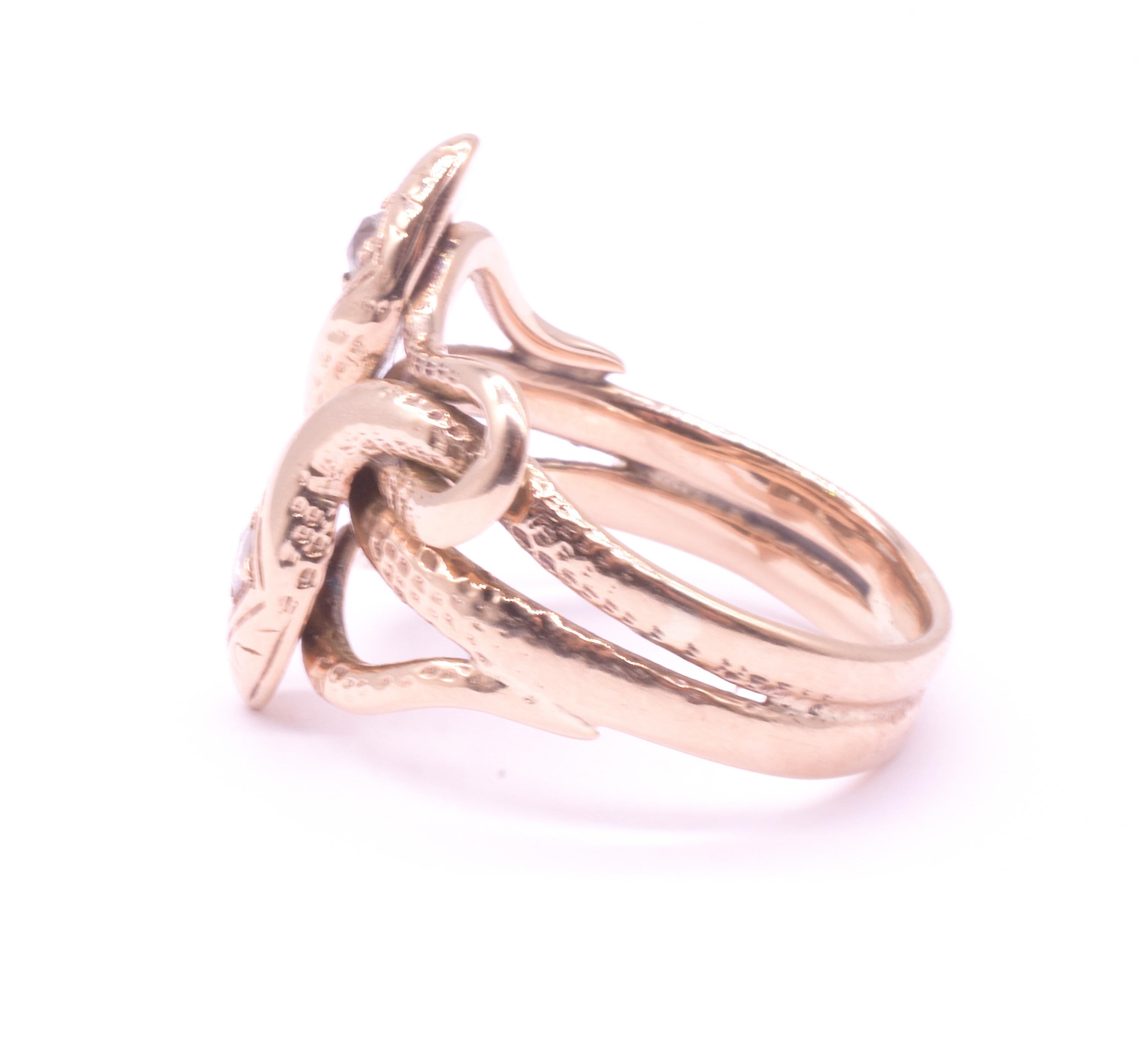 Women's or Men's C1900 15K Intertwined Double Headed Snake Ring with Diamonds
