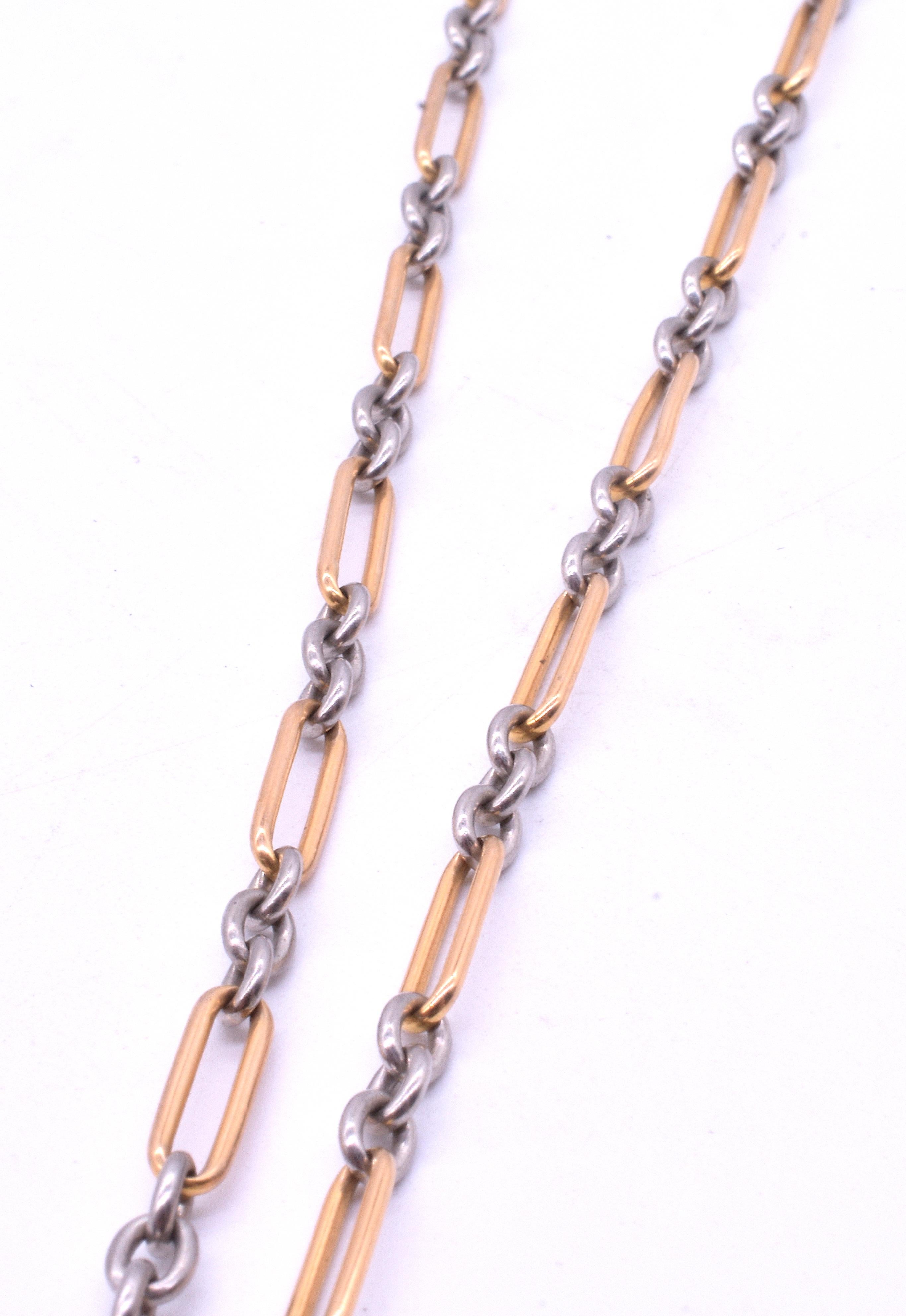 A wonderful chain to add to your wardrobe, this Albert curb link chain has a white gold bolt clip and dog tag so you can clip on your favorite pendant or two and change them out as frequently as you choose. You can wear gold or silver pendants with