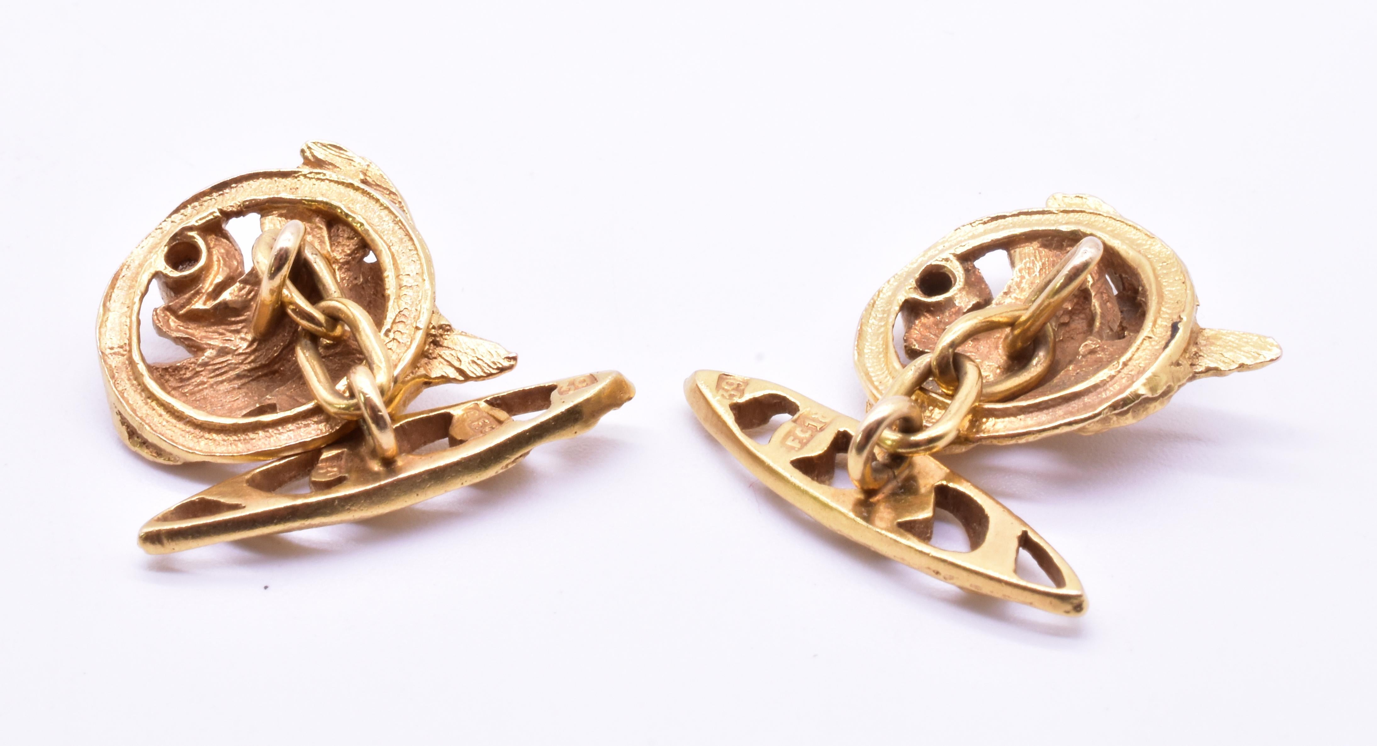 Stunning 18K gold and diamond cufflinks, c1900, depicting eagles. Eagles are often scene in mythological scenes w Zeus, the King of the gods, as a symbol of his strength and power. 

The cufflinks are hallmarked w the initials FC, referring to