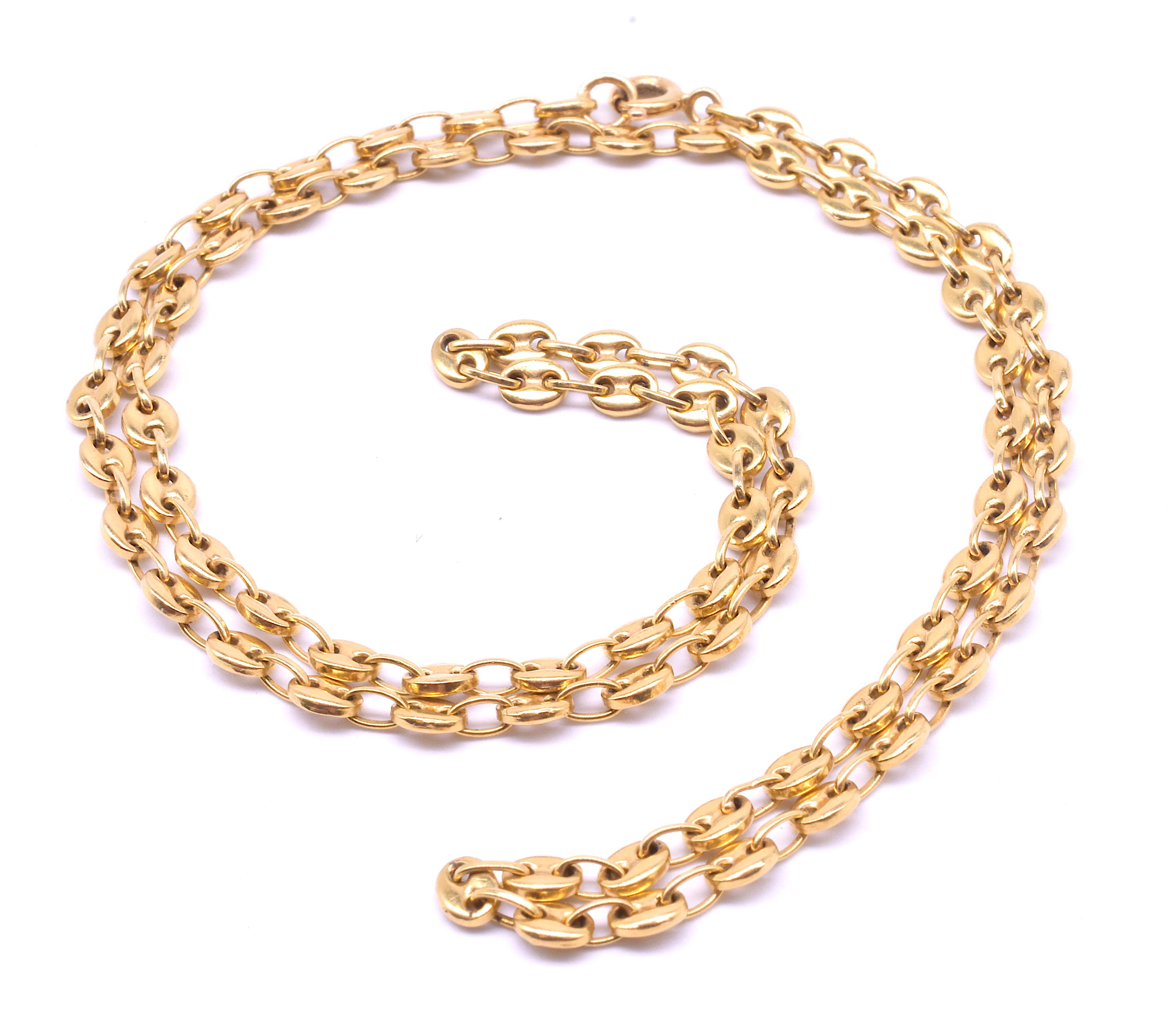 A Victorian 18K chain with classic anchor links, the anchor link chain with its nautical motif is a symbol of strength and robustness. Nautical link chains became popular during the late Victorian sporting craze, when the benefits of the outdoors