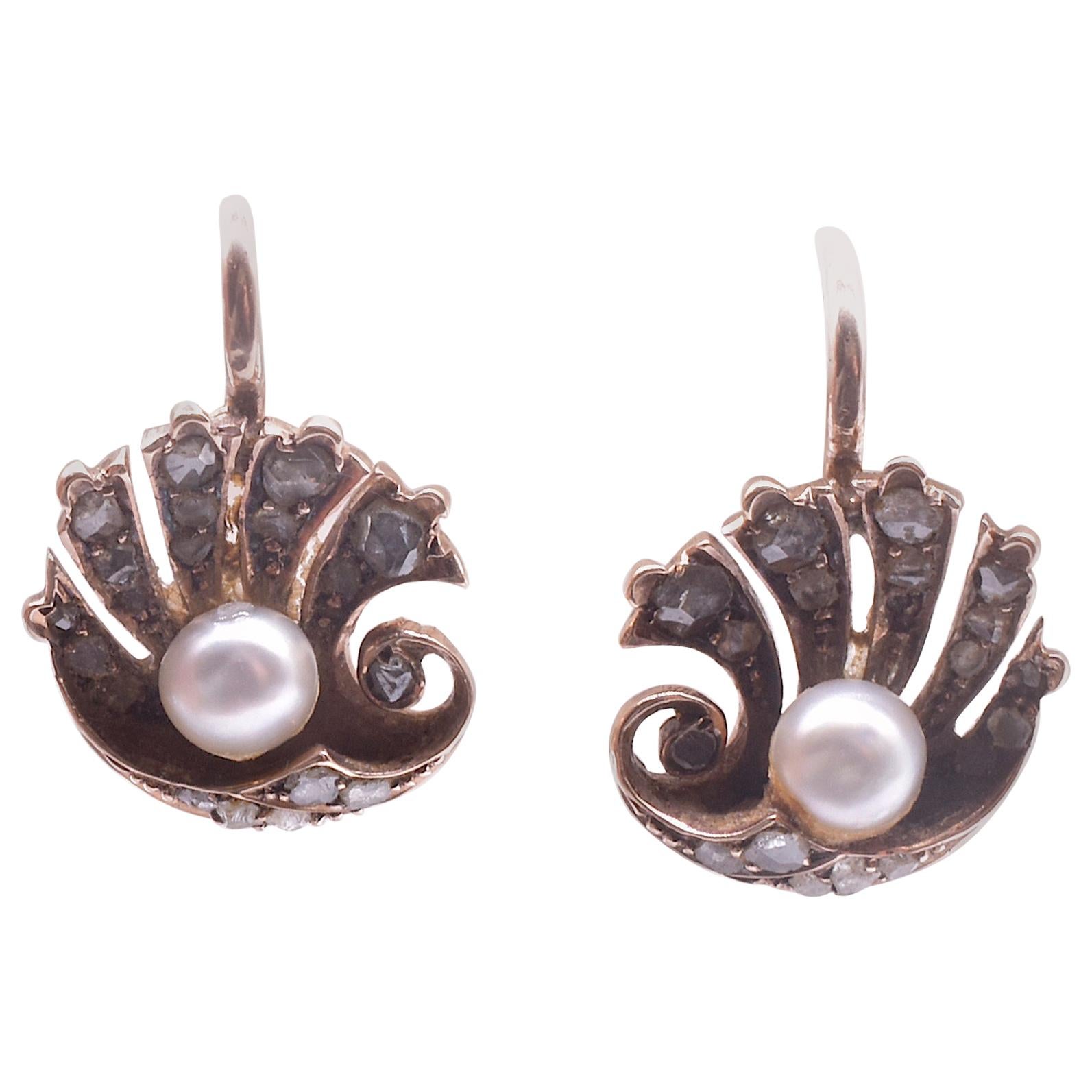 18 Karat Rose Diamond Pearl Clam Shell Earrings, circa 1900 at 1stDibs ...