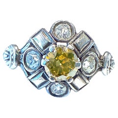 C1900 18K white gold Diamond Cluster ring with center yellow diamond
