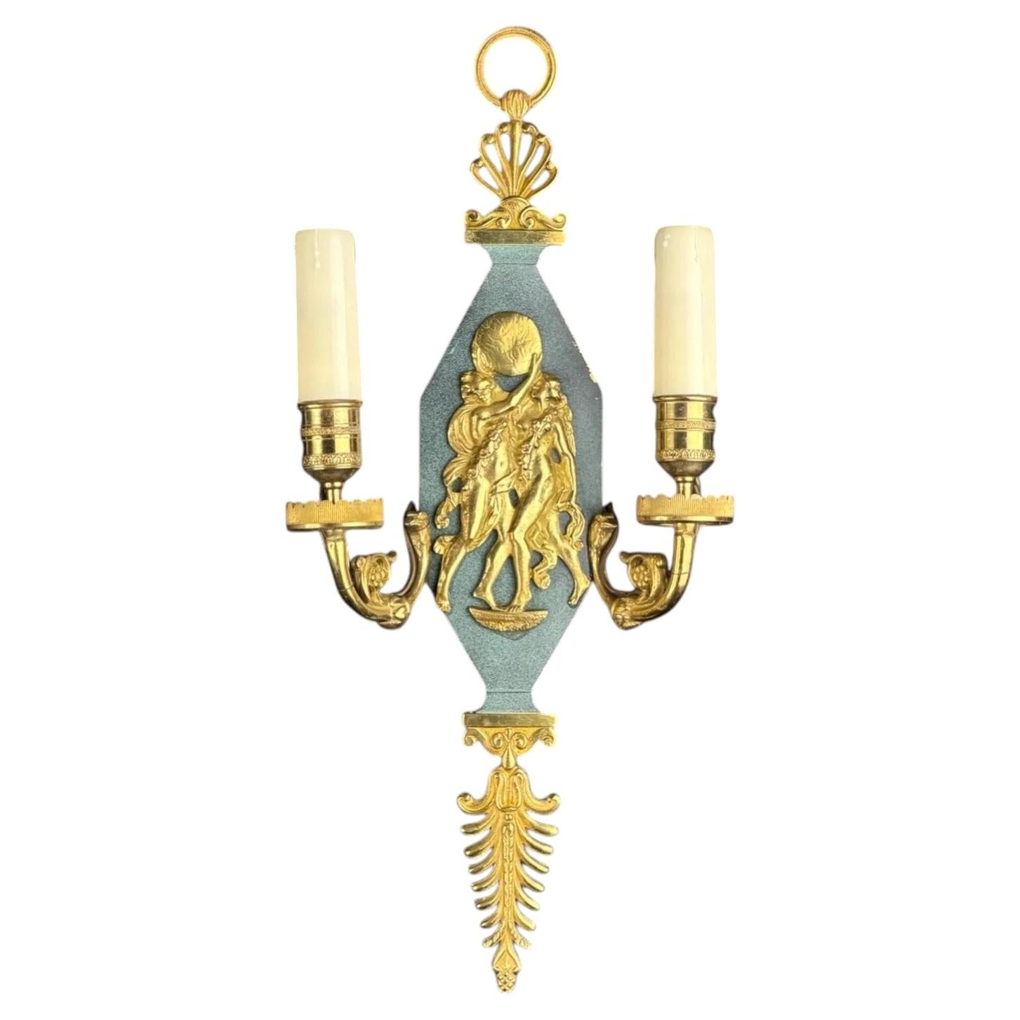 c.1900-1920, French Neoclassical Gilt Bronze Two-Light Wall Sconce - 16.3 in For Sale