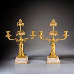 c.1900-1930 Coppia di candelabri francesi in bronzo dorato, basi in marmo, 15,4".