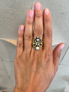 c.1900 Art Nouveau Antique Ring – Old Mine Cut Diamonds & Opals 18K Yellow Gold