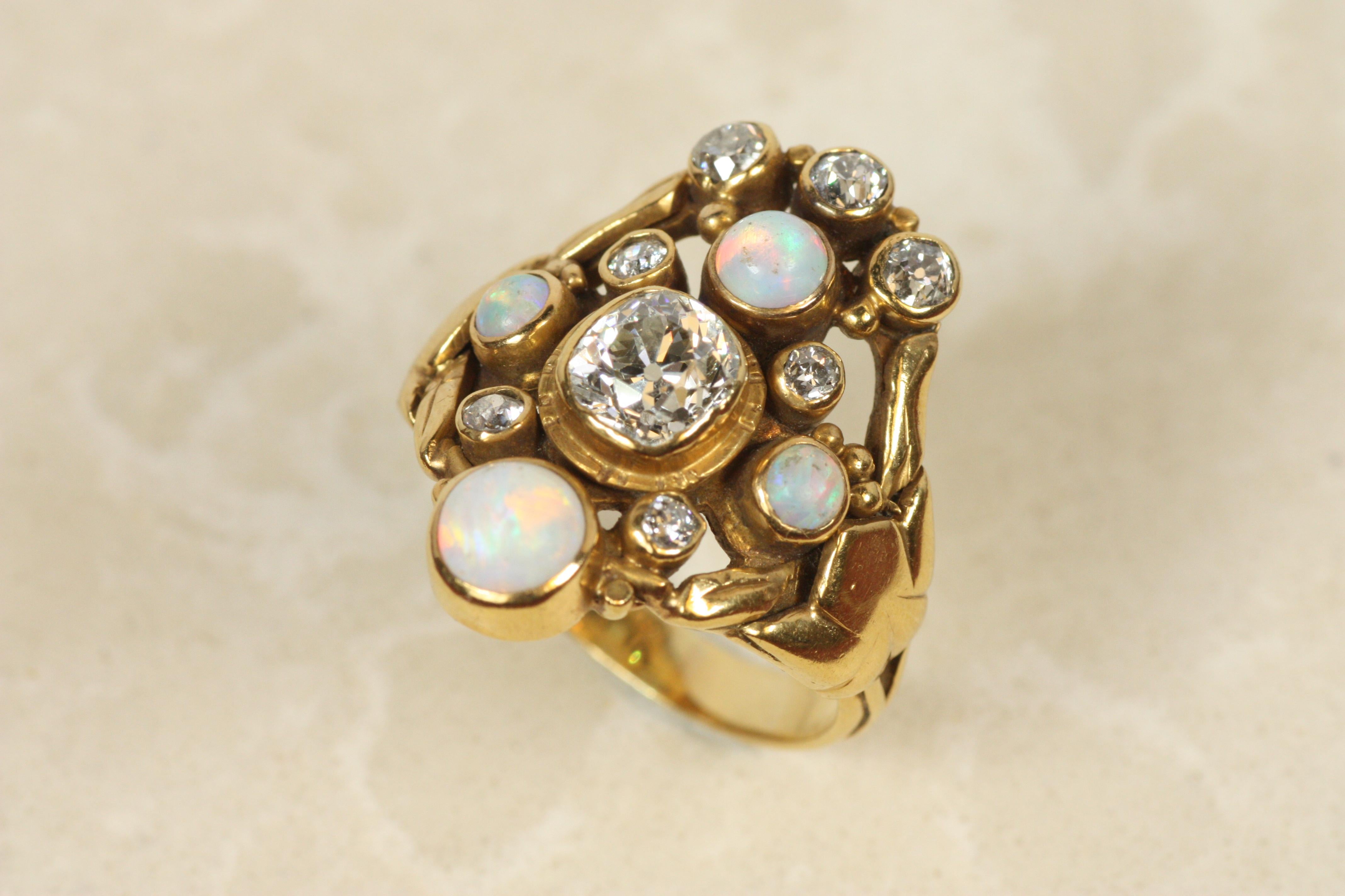 Women's c.1900 Art Nouveau Antique Ring – Old Mine Cut Diamonds & Opals 18K Yellow Gold For Sale