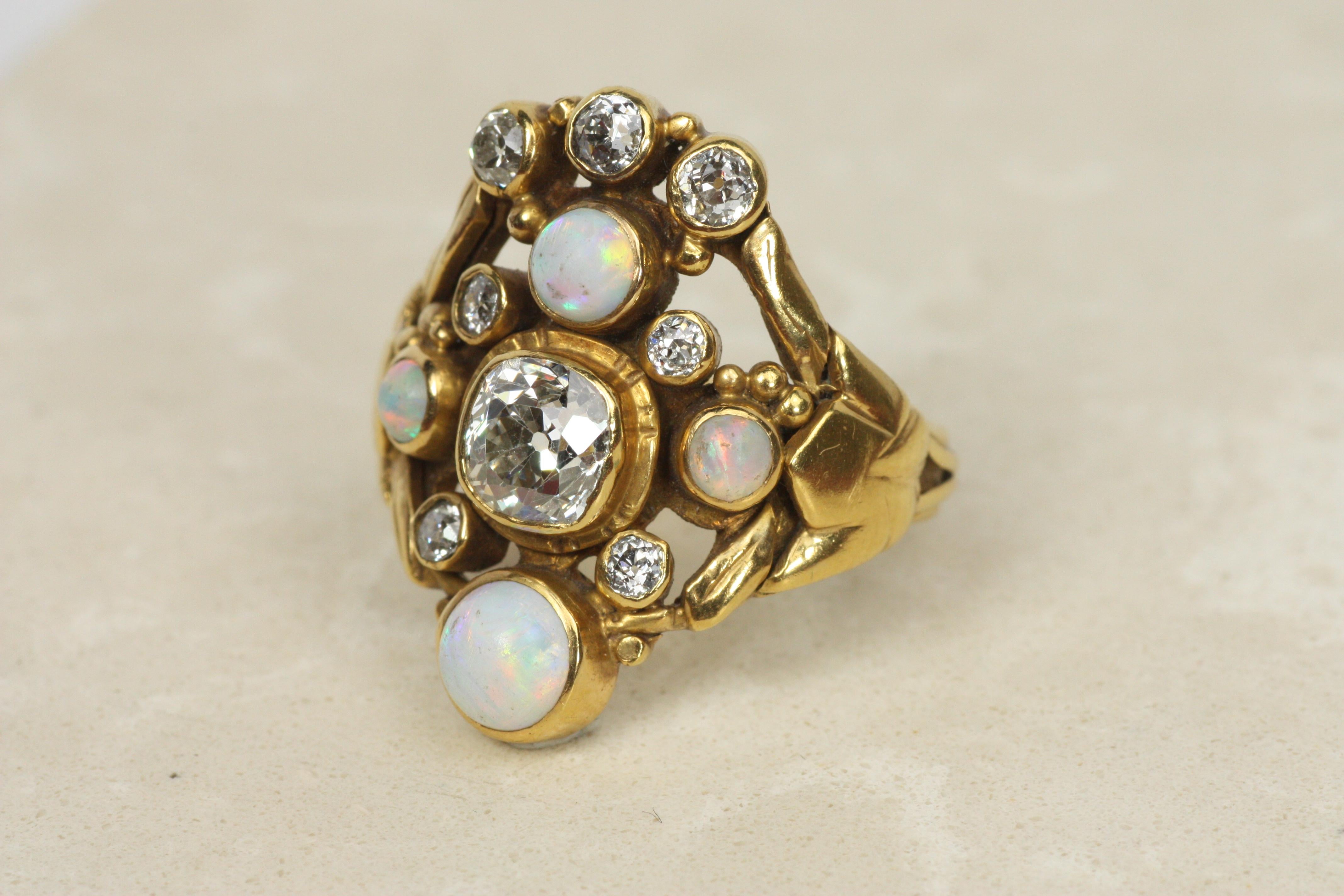 c.1900 Art Nouveau Antique Ring – Old Mine Cut Diamonds & Opals 18K Yellow Gold For Sale 1