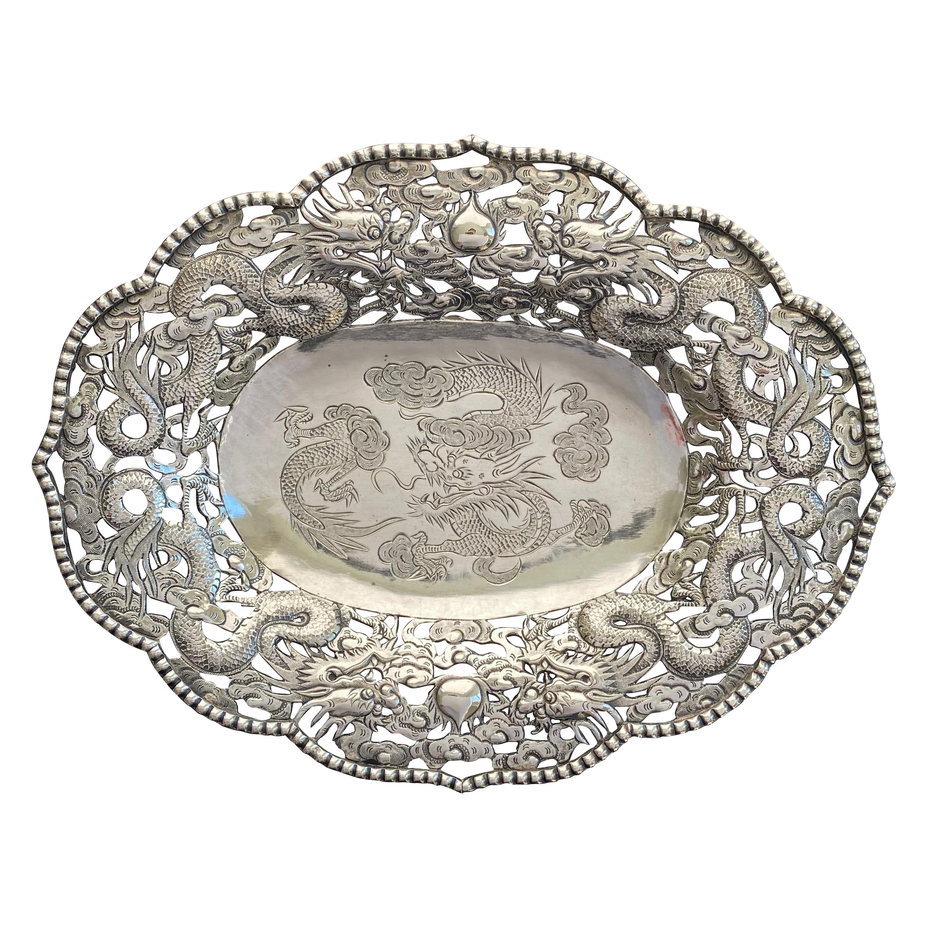 Chinesische Export-Silber-D Drachenschale von Wang Hing, um 1900