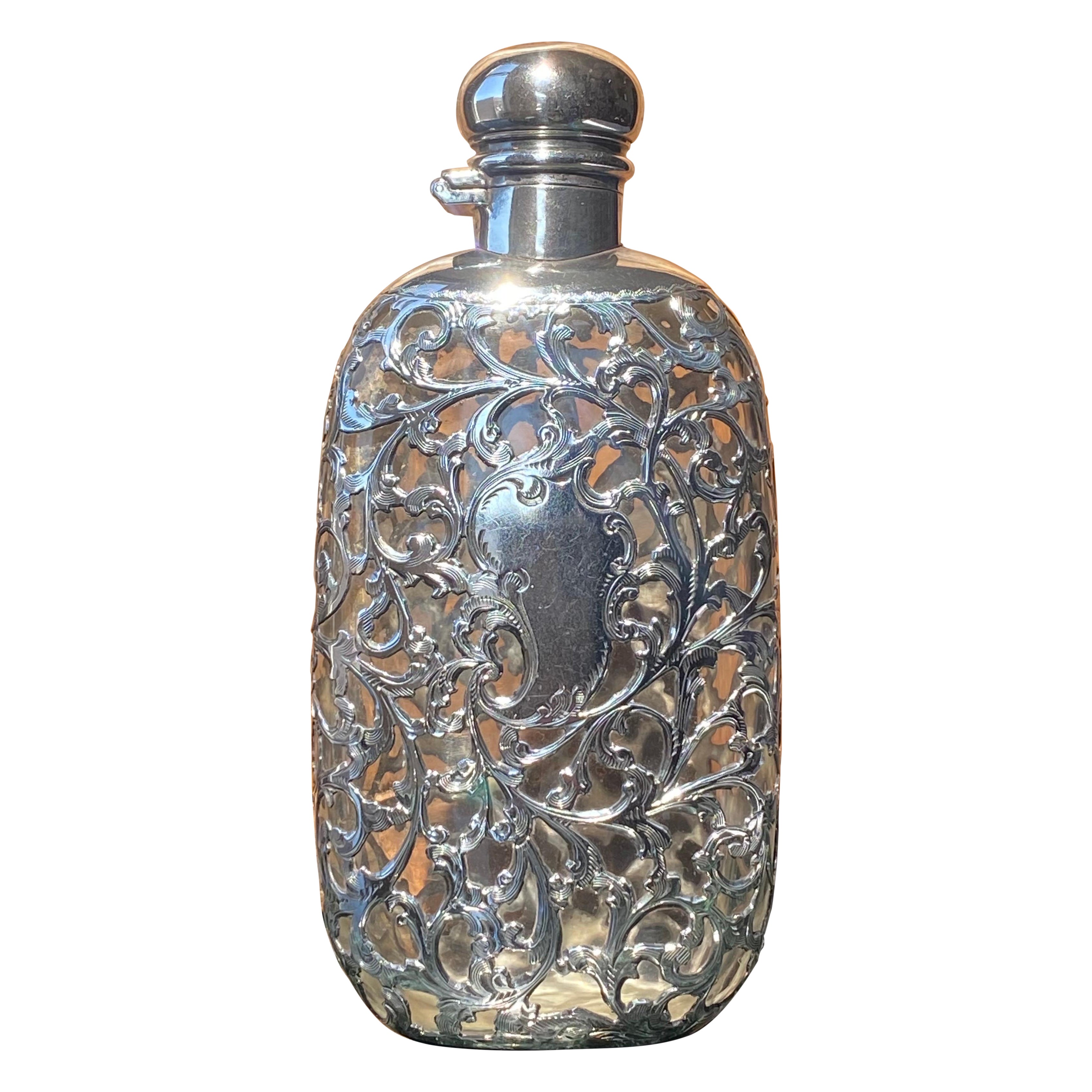 c1900 Edwardian Era Sterling Silver Overlay Whiskey Flask with Swirl Motif For Sale