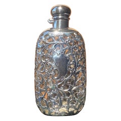 c1900 Edwardian Era Sterling Silver Overlay Whiskey Flask with Swirl Motif