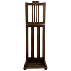 c1900 English Oak & Brass Arts & Crafts Umbrella Cane Stand w/ Geometric Inlay