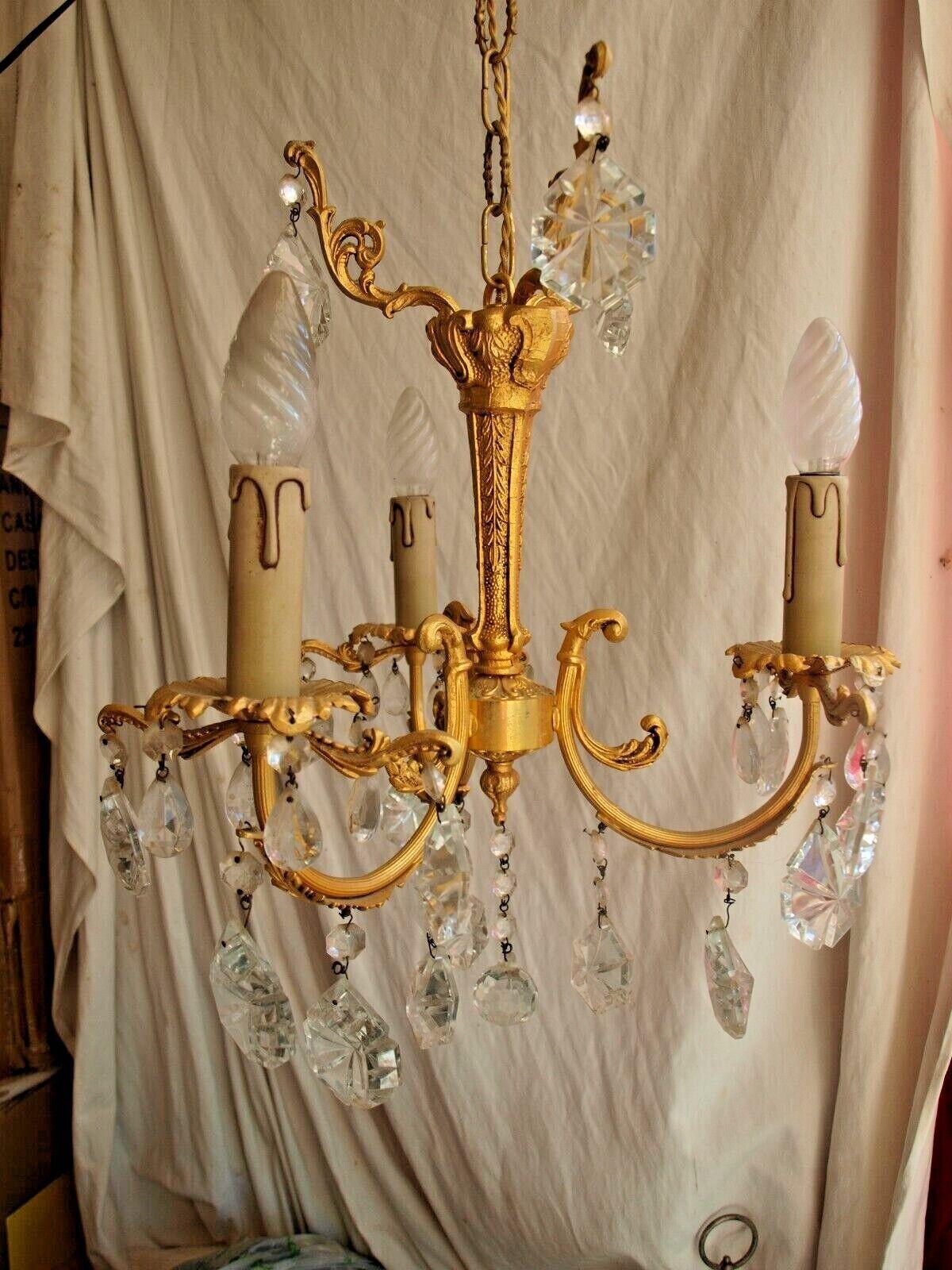c1900 French Louis XIV Gilt Bronze with Large Cut Crystal Adornment. Beautiful chandelier for when a smaller size chandelier is desired.