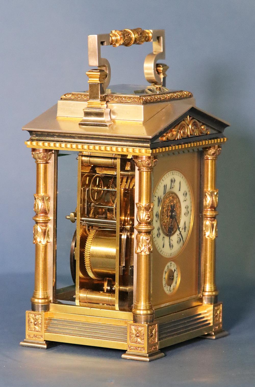 Gilt c.1900 French Multi-Finish Architectural Carriage Clock