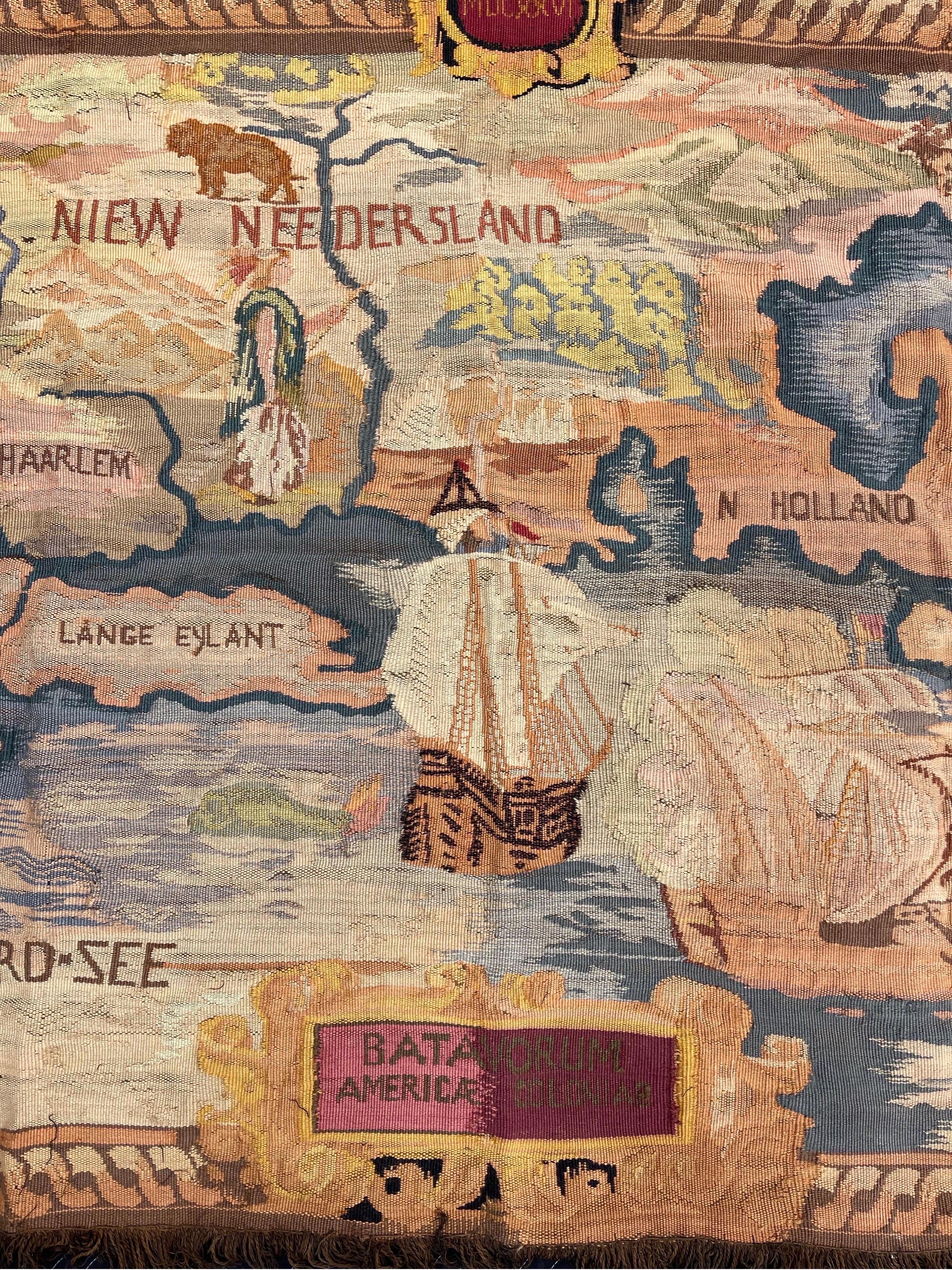 c.1900 Handwoven French Tapestry Map New Netherlands, Amsterdam, 1626 New York In Good Condition For Sale In Jensen Beach, FL