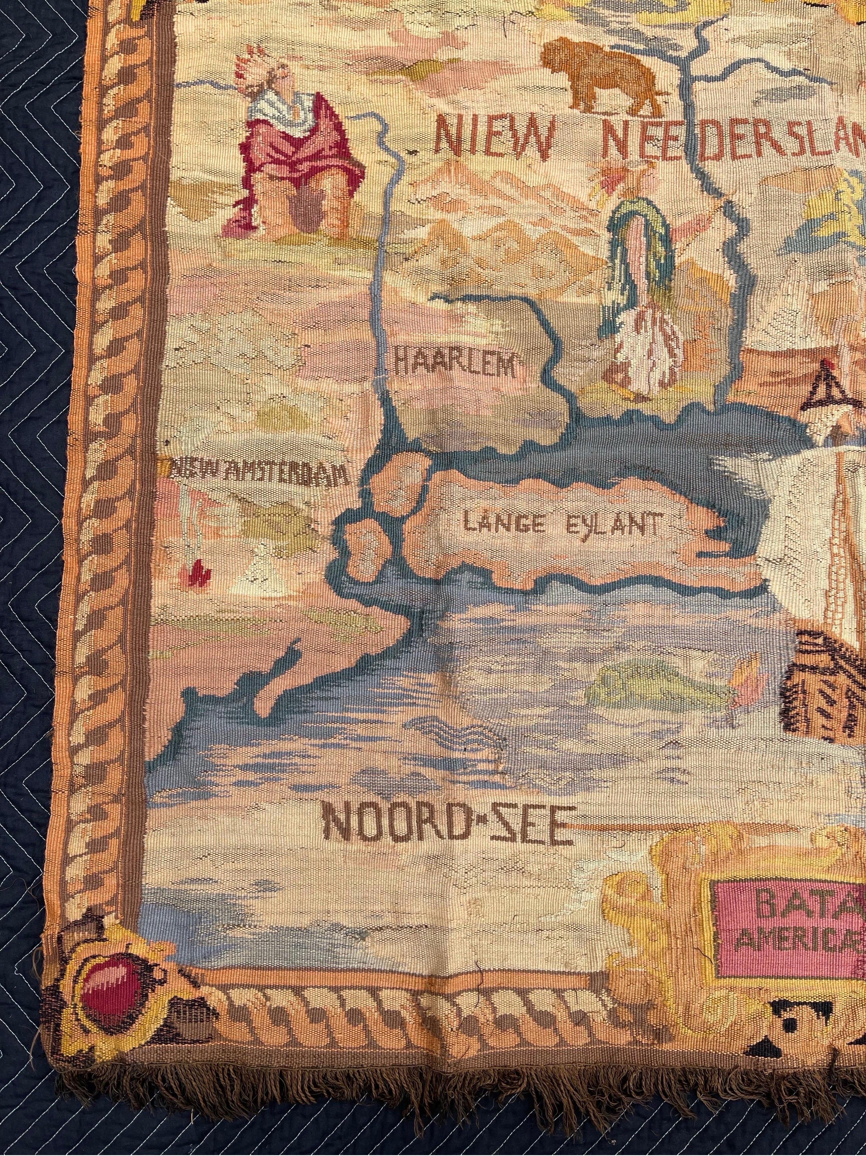 20th Century c.1900 Handwoven French Tapestry Map New Netherlands, Amsterdam, 1626 New York For Sale