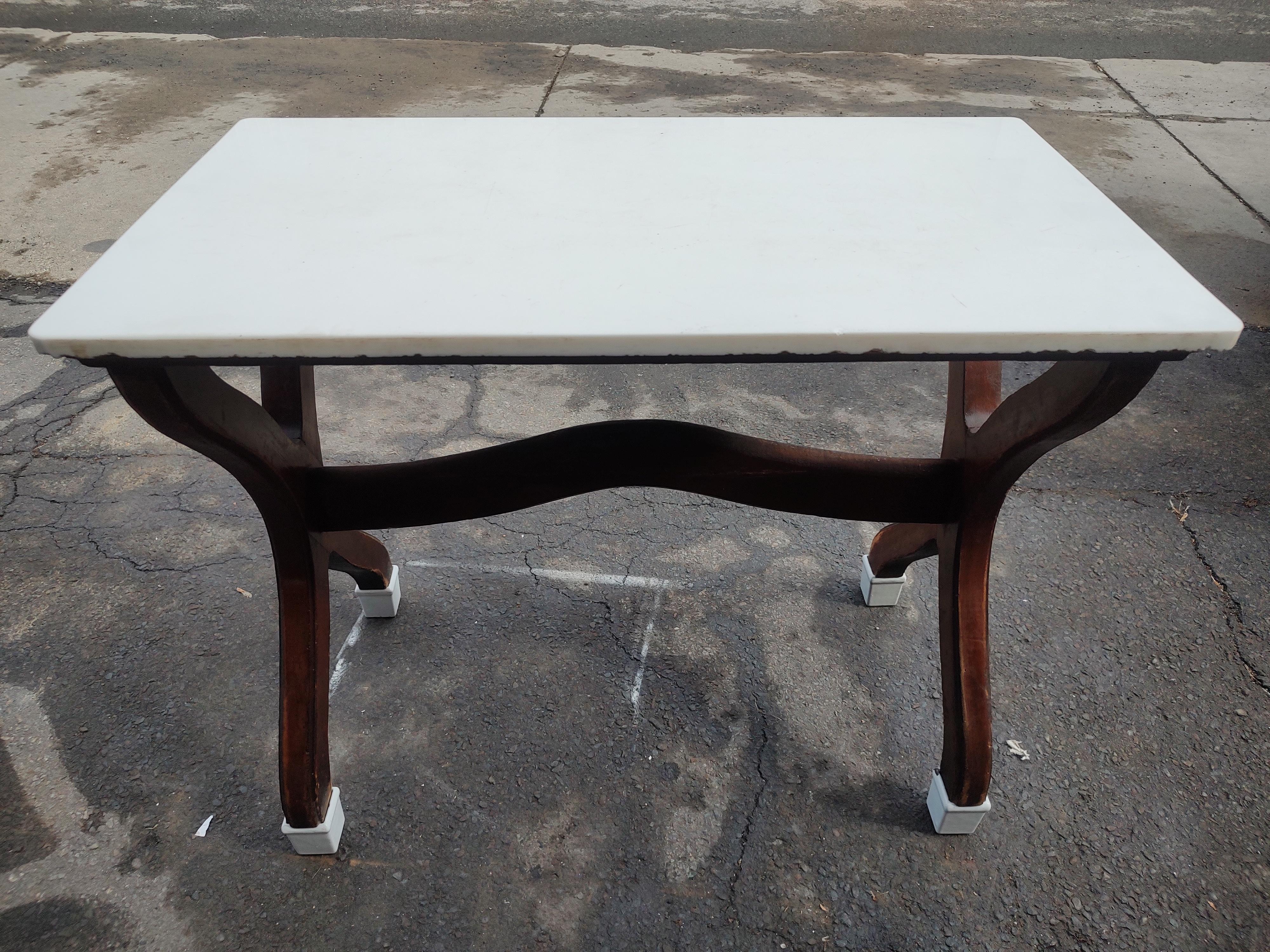 C1900 Ice Cream Parlour Table Mahogany Base with a Thick Milk Glass Top For Sale 2