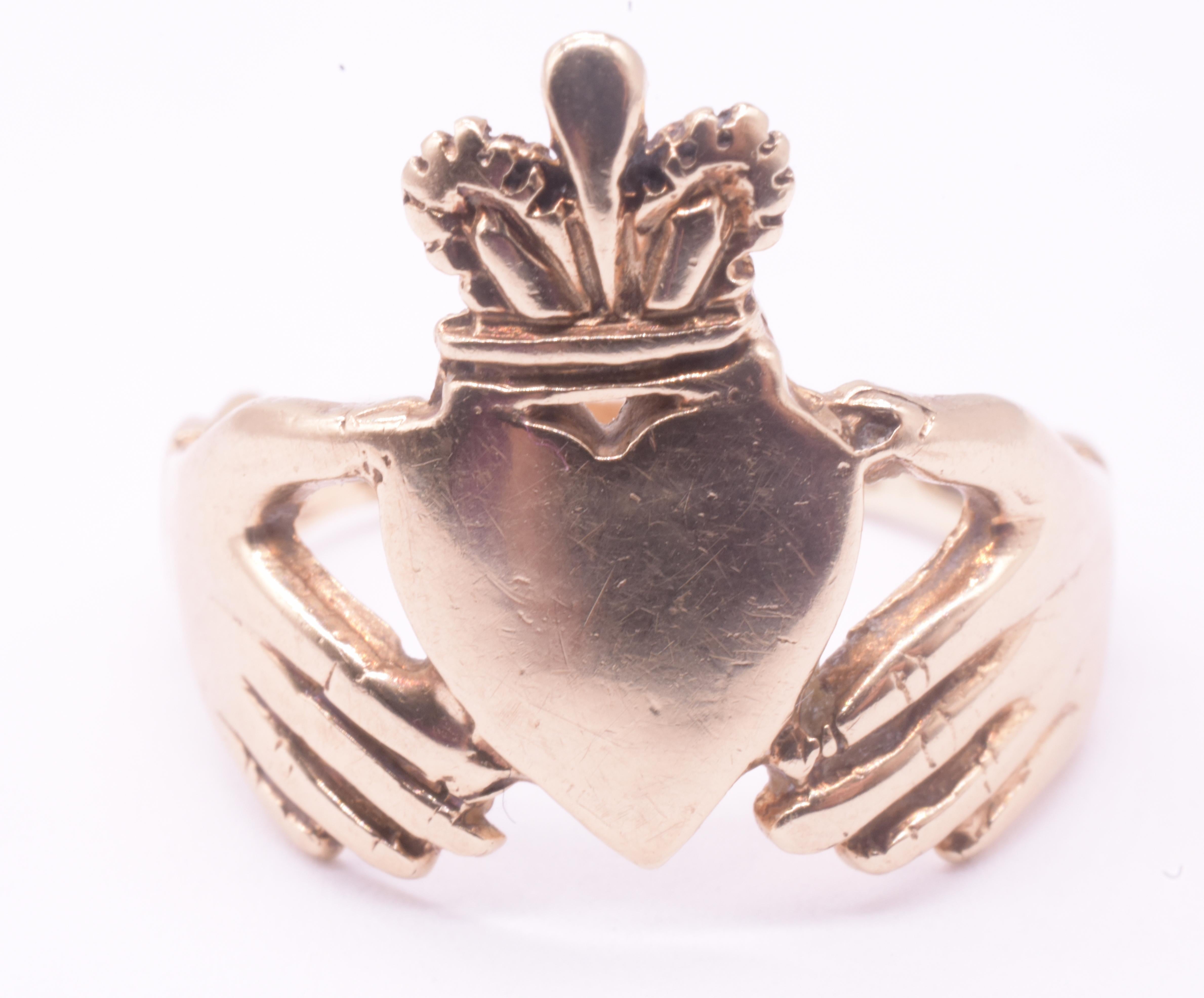 C1900 Irish Claddagh Ring with Hands Holding Heart, size 9 1