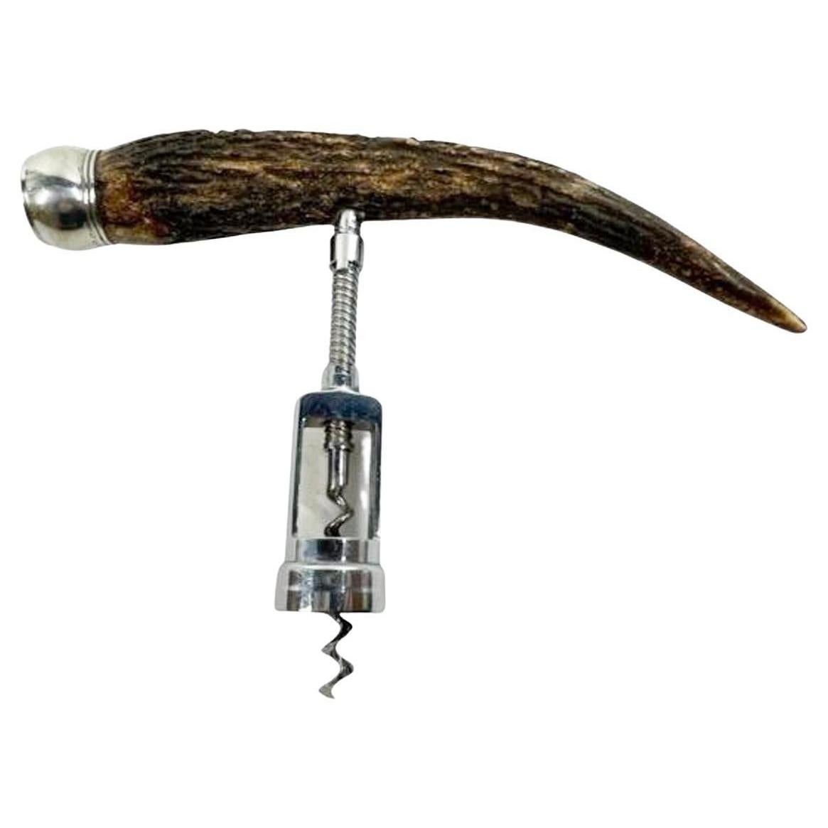 C.1900 John Hasselbring Sterling Capped Stag Horn Corkscrew, 10" Cap to Tip For Sale