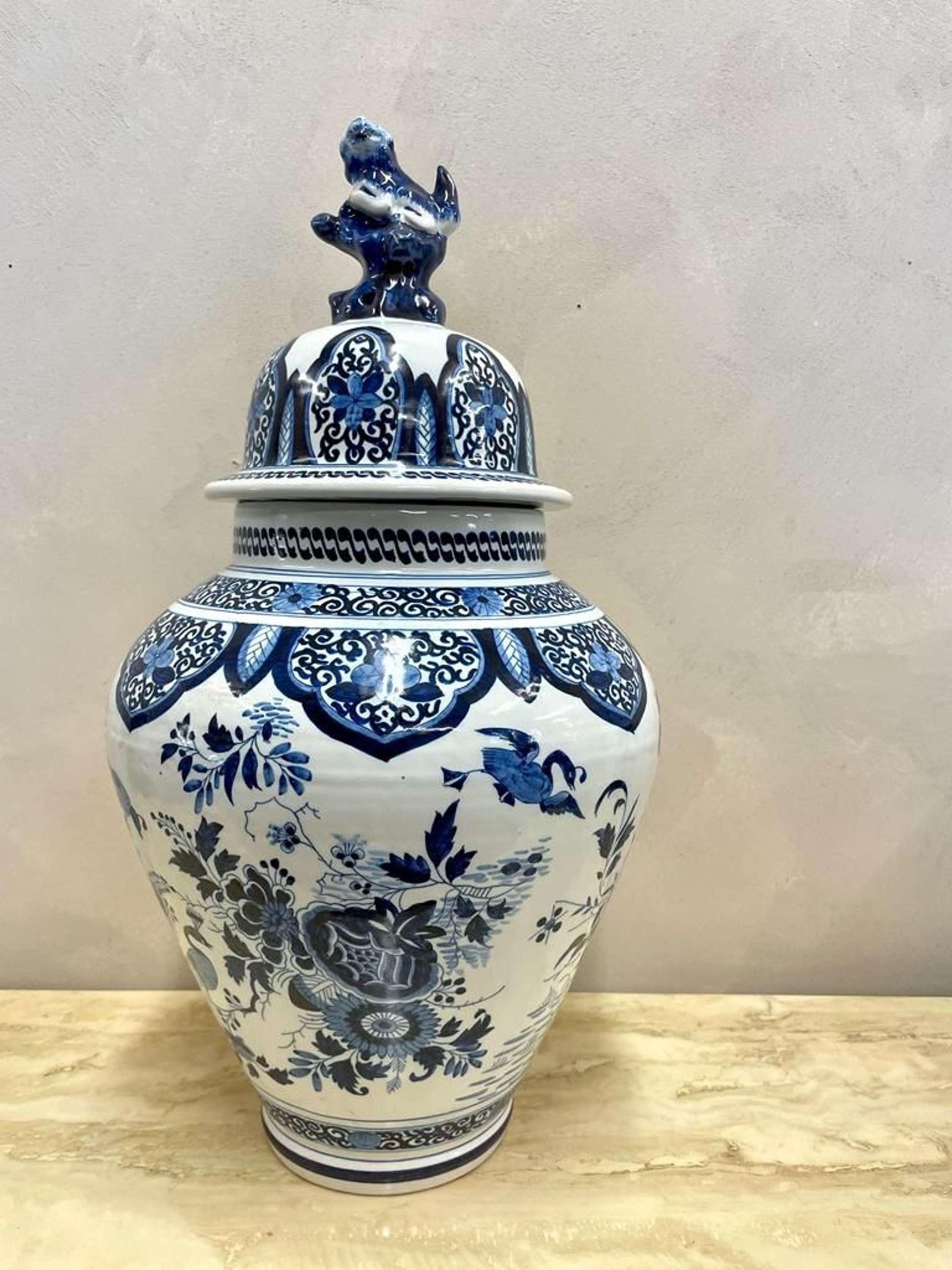 Large scale, Delft pottery, blue and white ginger jar.
With Fu Dog adorned cover.
Fantastic condition.
Holland, circa 1900 
Dimensions:W: 28cm (11