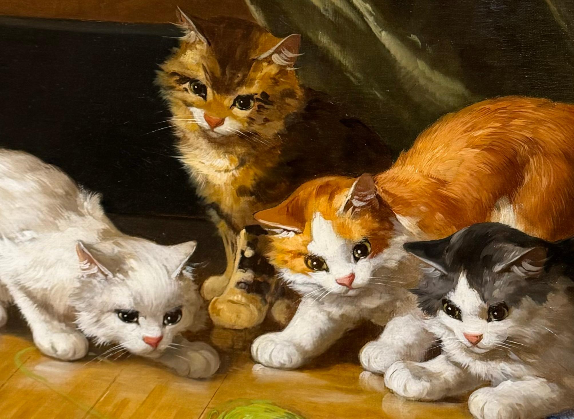 Alfred-Arthur Brunel de Neuville (1852-1941) was a French painter known predominantly for still life paintings and animals, mainly cats.
This painting is a fine example of his favourite subjects and certainly one of the most playful of his