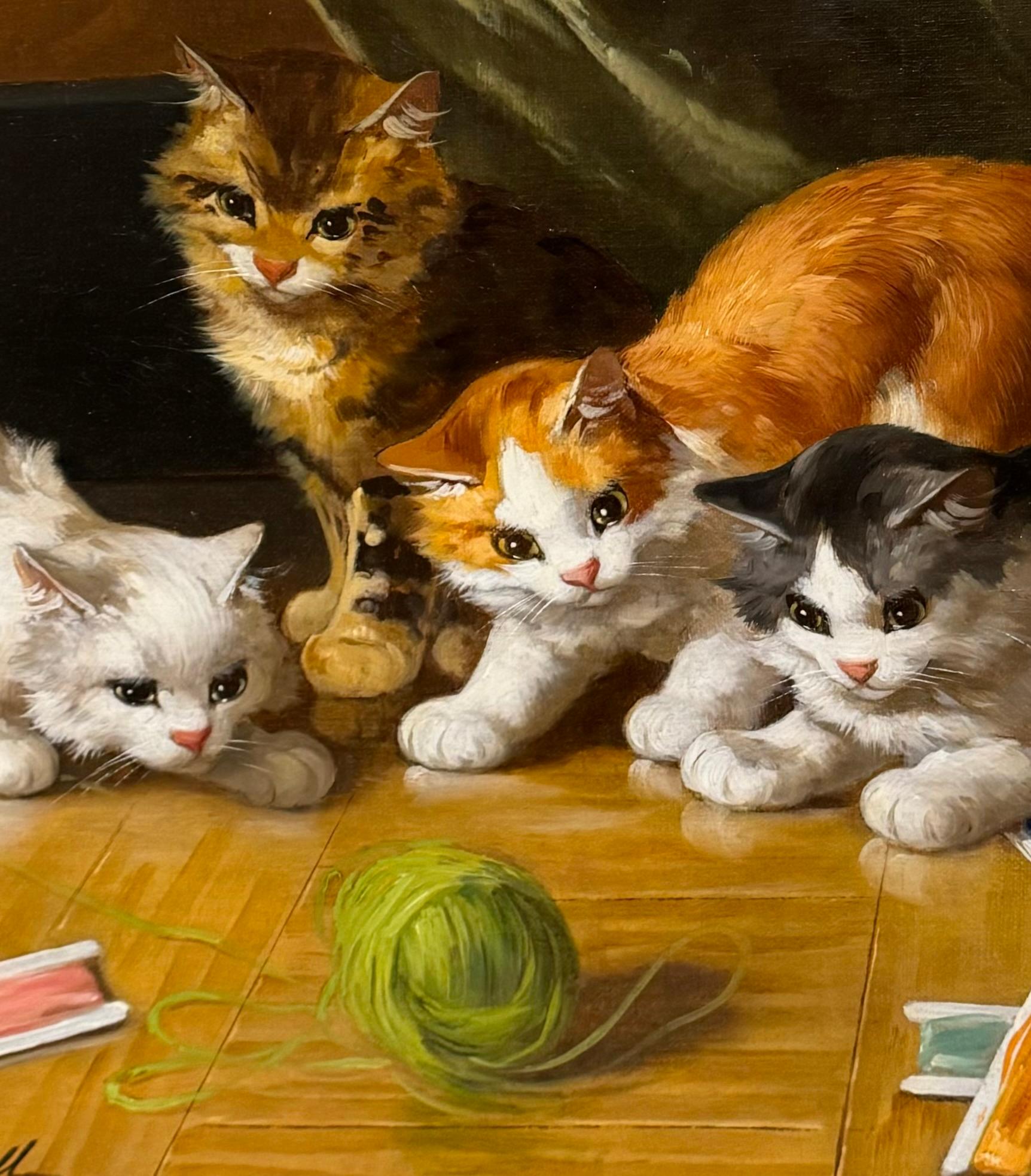 Hand-Painted c.1900 Oil on Canvas ‘Kittens at play’ by AA Brunel de Neuville 